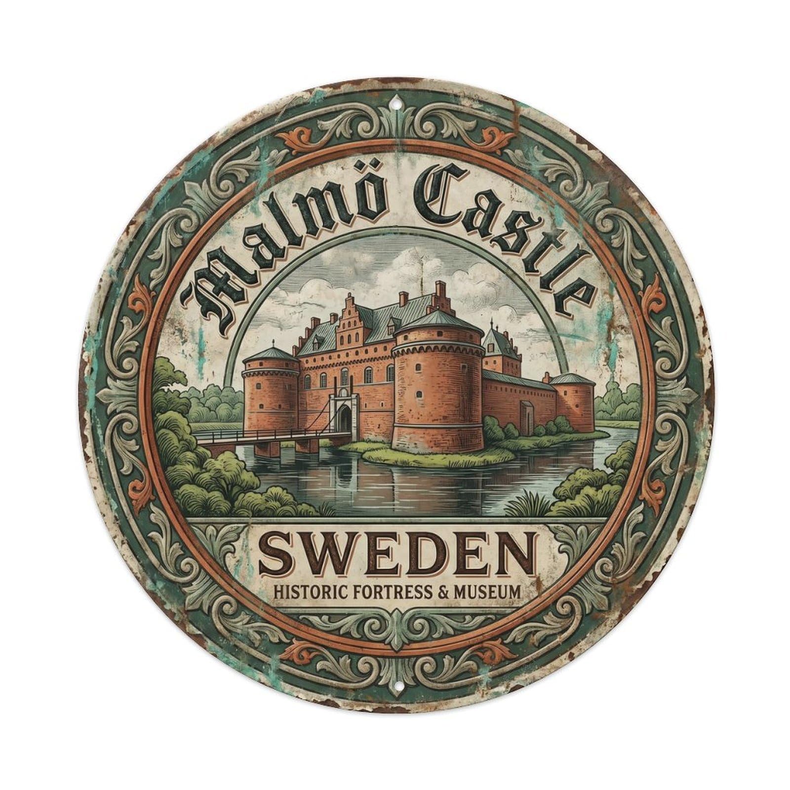 Cmhok Vintage Style-18 Vintage Travel Malmo Castle Sweden Artwork Metal Tin Sign Plaque Wall Decor For Cafe, Club, Garden Round Metal Poster 8X8inch