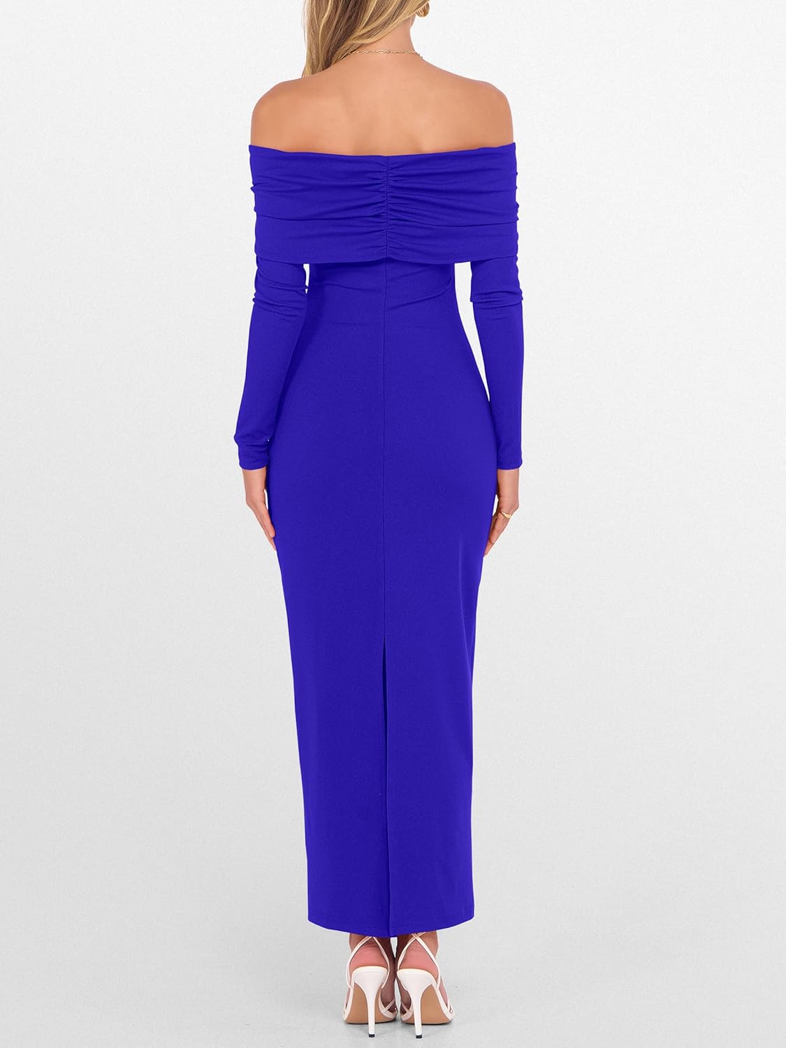 Caracilia Womens Off The Shoulder Bodycon Maxi Dress Fall Sexy Elegant Long Sleeve Ruched Club Party Formal Cocktail Dresses - Image 5