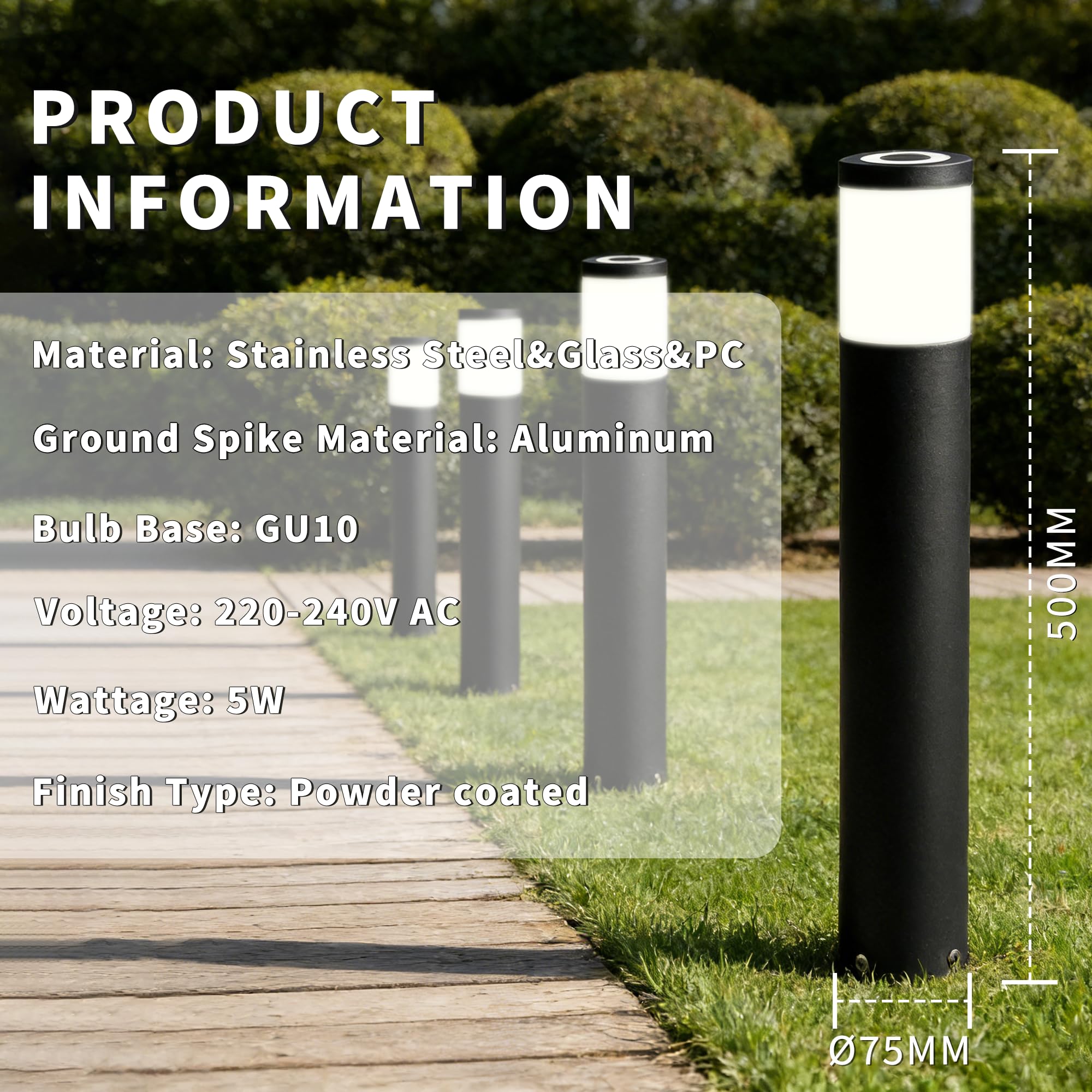 JNR 4 Pack Edelstahl Wegeleuchten Außen mit Erdspieß 230V, Schwarz | IP65 Wasserdicht, Höhe 500 mm inkl GU10 5W 3000k warmweiß LED Glühbirne, Gartenbeleuchtung, Gartenlampen, Gartenleuchten