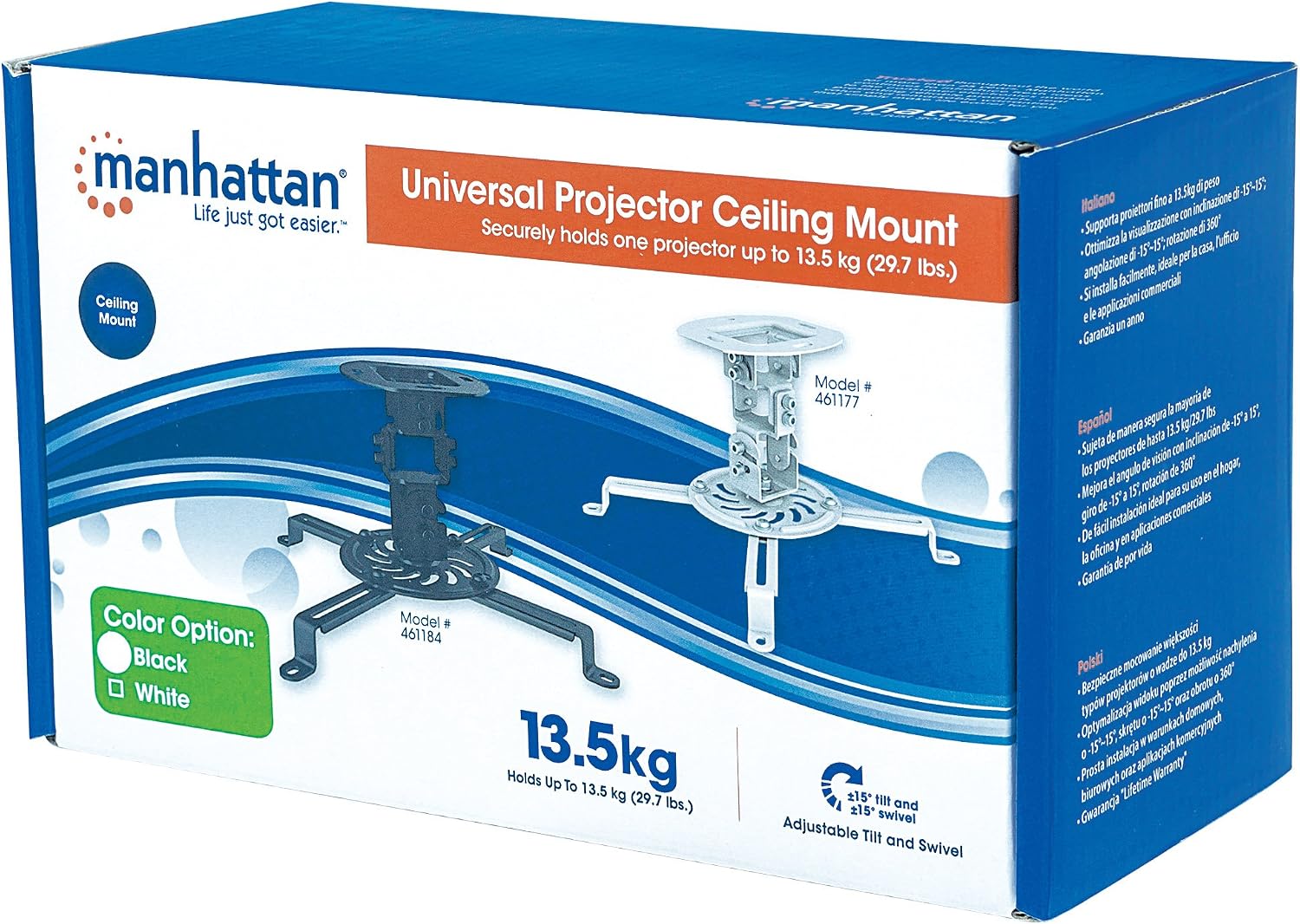 Manhattan Ceiling Projector Mount – Universal Low Profile Bracket Mounting – 360 Full Motion Rotation with 30 Degree Tilt and Roll, 6 in. High, 30 lb Capacity, Lifetime Mfg Warranty, Black –461184