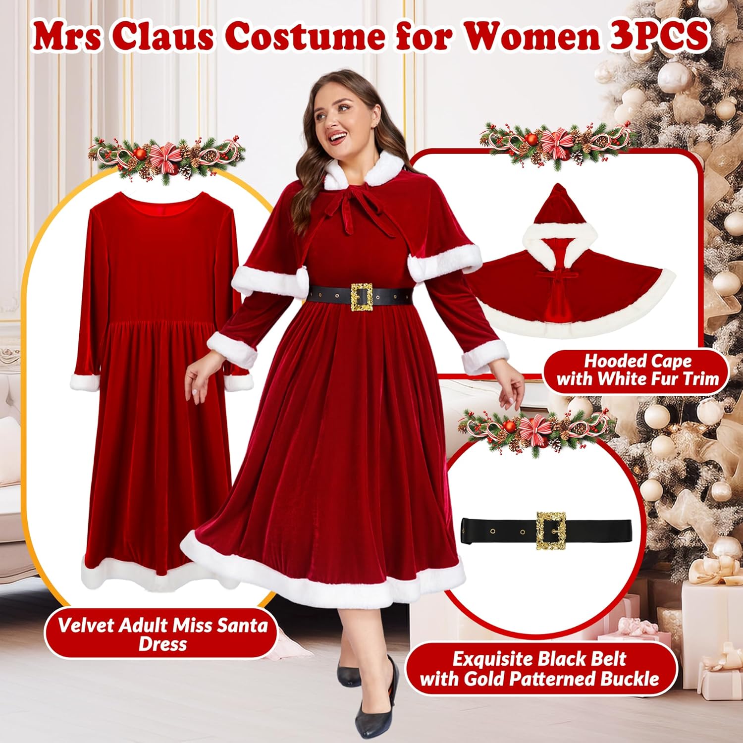 ABALAGU Mrs Claus Costume for Women 3PCS Deluxe Velvet Adult Miss Santa Dress Plus Size Xmas Outfit Set with Hooded Cape Belt - Image 6