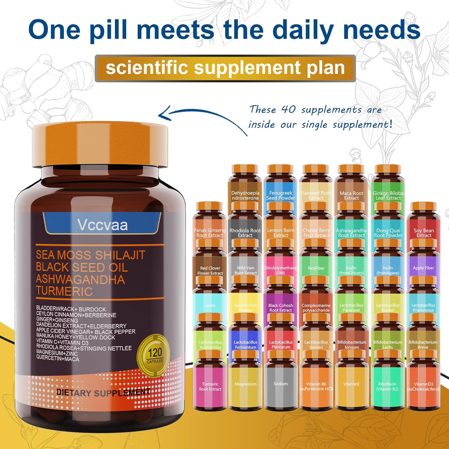 25-in-1 Sea Moss Capsules – Irish Sea Moss Black Seed Oil Ashwagandha Shilajit Ginger Turmeric Vitamin C & D3 Immune Gut, Energy Support – 120 Vegan Capsules - Image 3