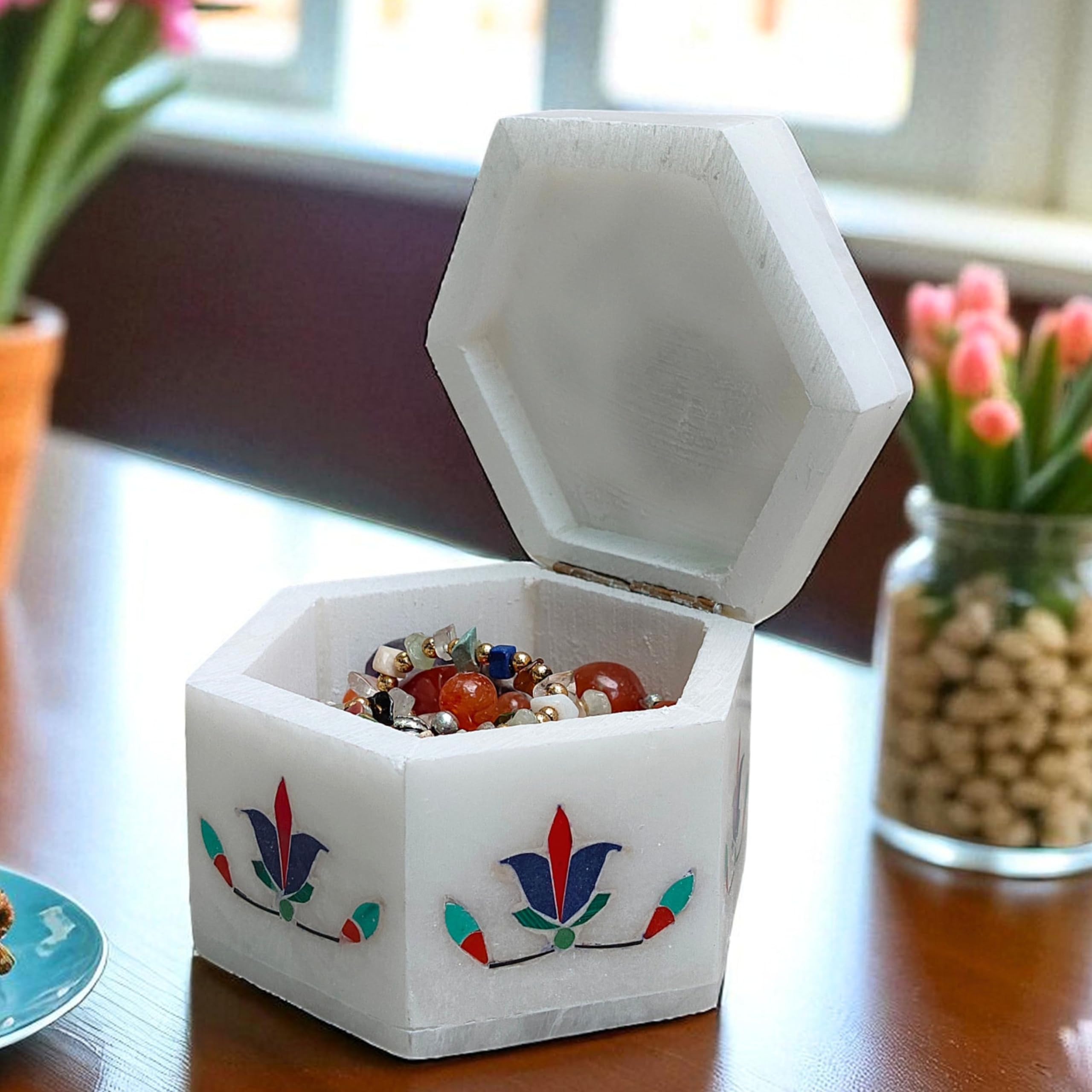 Agra Craft Sechseckige Schmuckschatulle aus weißem Marmor mit Blumeneinlage, handgefertigter Pietra Dura Steinkunst-Schmuckhalter, dekorativer Andenken-Organizer für Heimdekoration, Geschenke oder