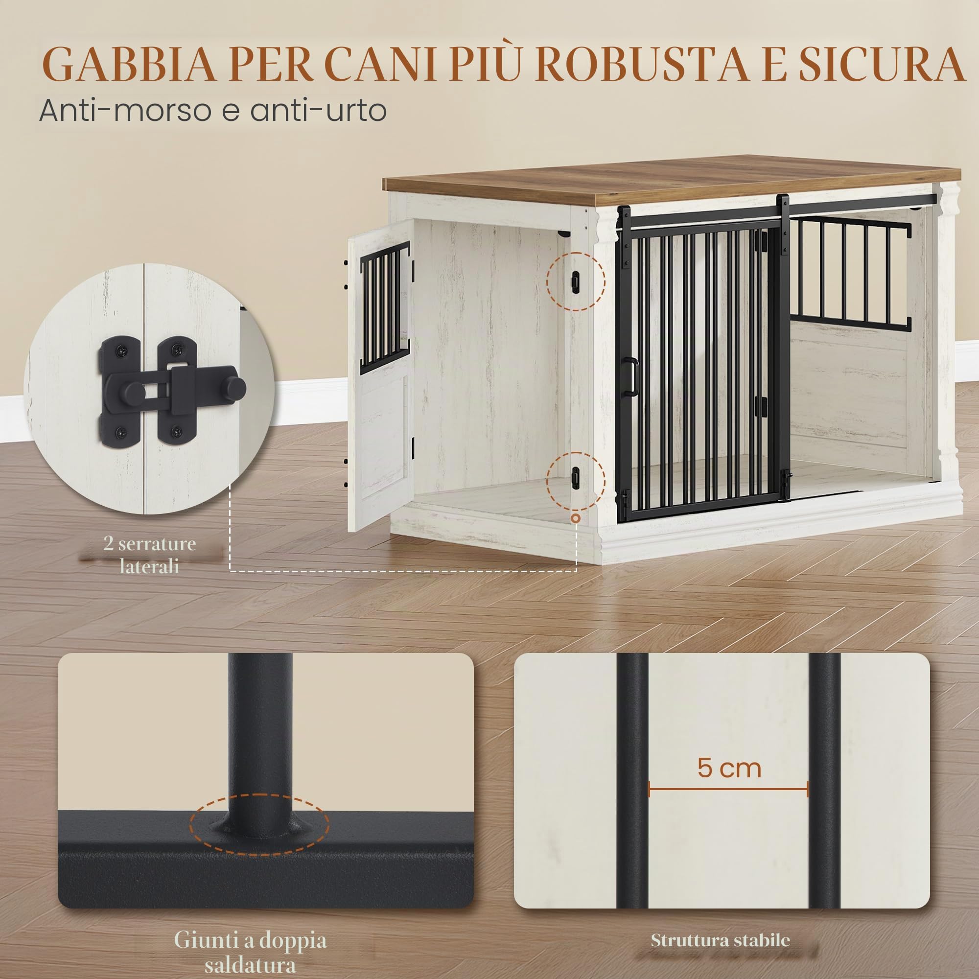 HEXCELEN 101cm Gabbia per Cani, Kennel Cane con Porta Scorrevole, 3 Porte, Tavolo Supplemento, Nicchia Moderna per Cani, Anti-Morso e Anti-Fuga, 101 x 60,5 x 70 cm, Bianco e Marrone, Moderna