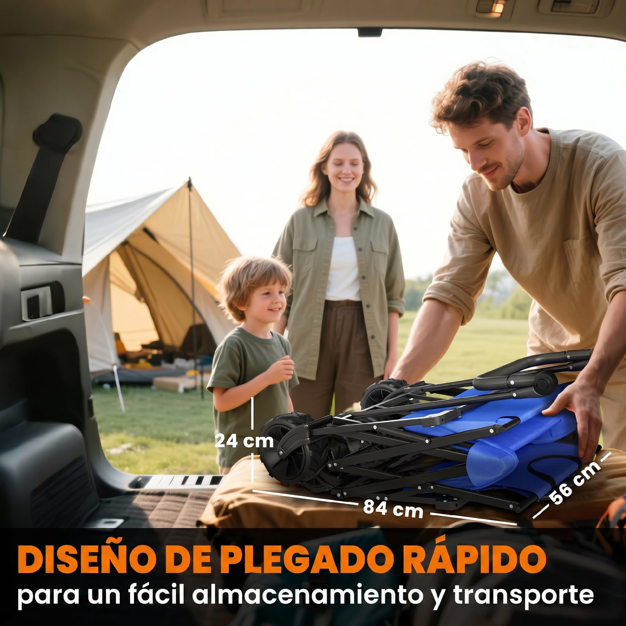 Outsunny Carro Transporte Plegable Ruedas Universales 117x55x98 cm Azul | Carro de Mano Plegable, Toldo, Manillar Regulable en Altura, Carga Máx. 68 kg, Carro Playa Plegable, Jardín Camping
