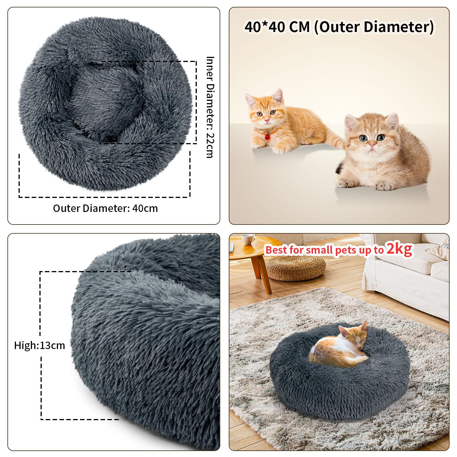 TOHDNC Cuccia per gatti a ciambella, 40 cm, calmante, soffice peluche con fondo antiscivolo, cuscino lavabile, morbido e anti paura per gatti, doggy