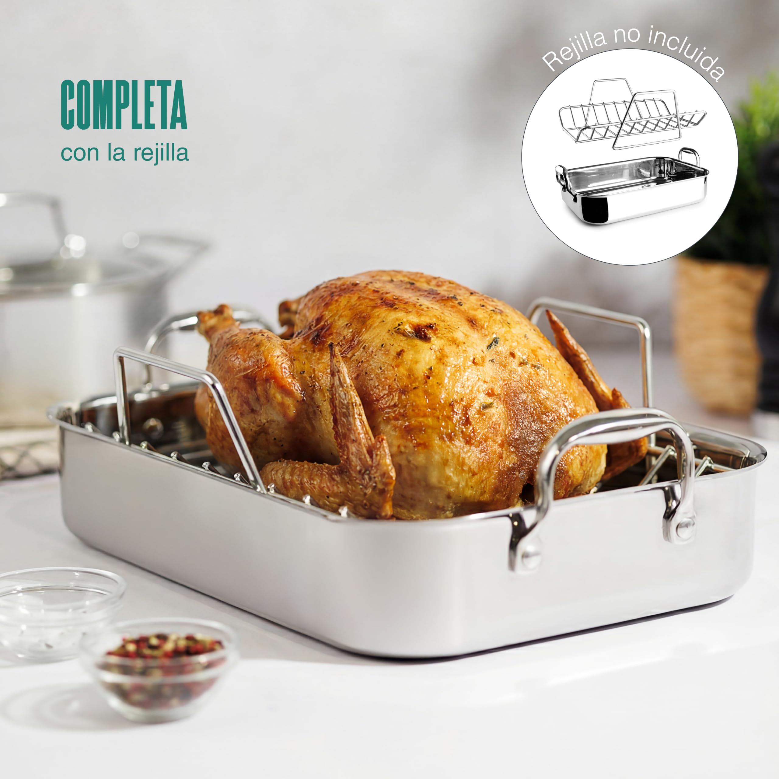 Lacor - 60865 - Rustidera TriChef, 35 x 26 cm, 5 Litros, Acero Inoxidable 18/10 y Aluminio Tricapa, Apta para Inducción, Horno y Lavavajillas, Asas Reforzadas, Distribución Uniforme del Calor