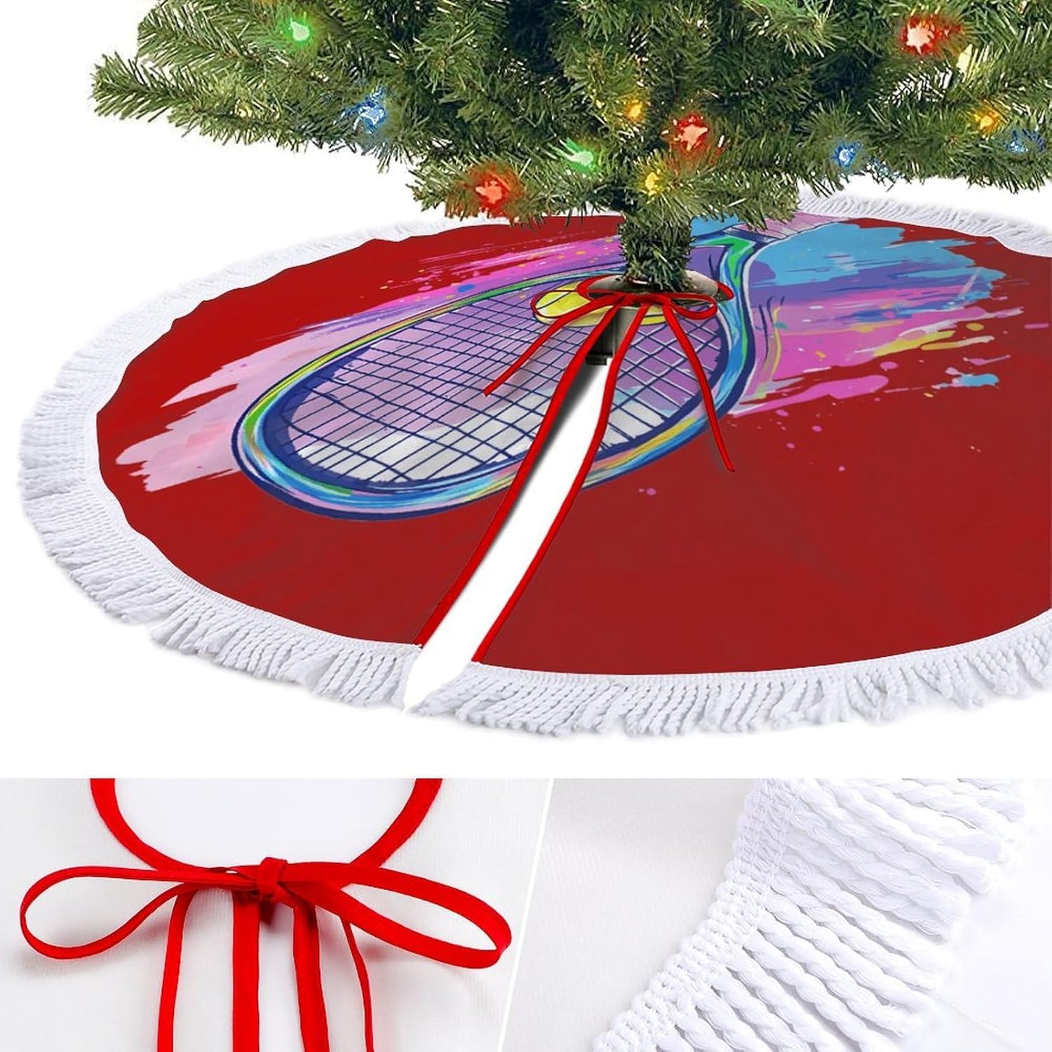 Tie-dye Tennis Christmas Tree Skirt Round Xmas Tree Mat Ornaments Tree Skirts with Tassels for Holiday Party