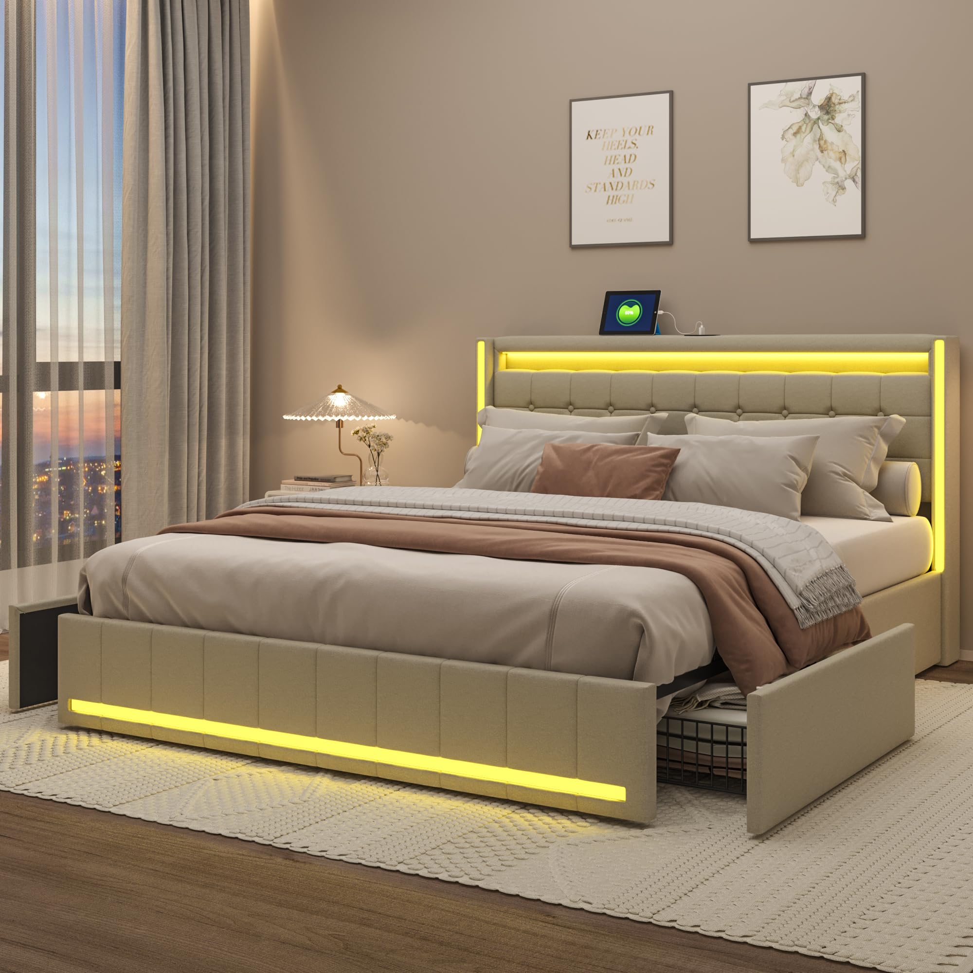 LIVLUX Lit 140x190 avec Sommier LED et USB,lit Double rembourré avec sommier à Lattes et 4 Tiroirs,lit 2 Personnes pour Adultes et Adolescents,Lin (Beige, 140 x 190 cm)