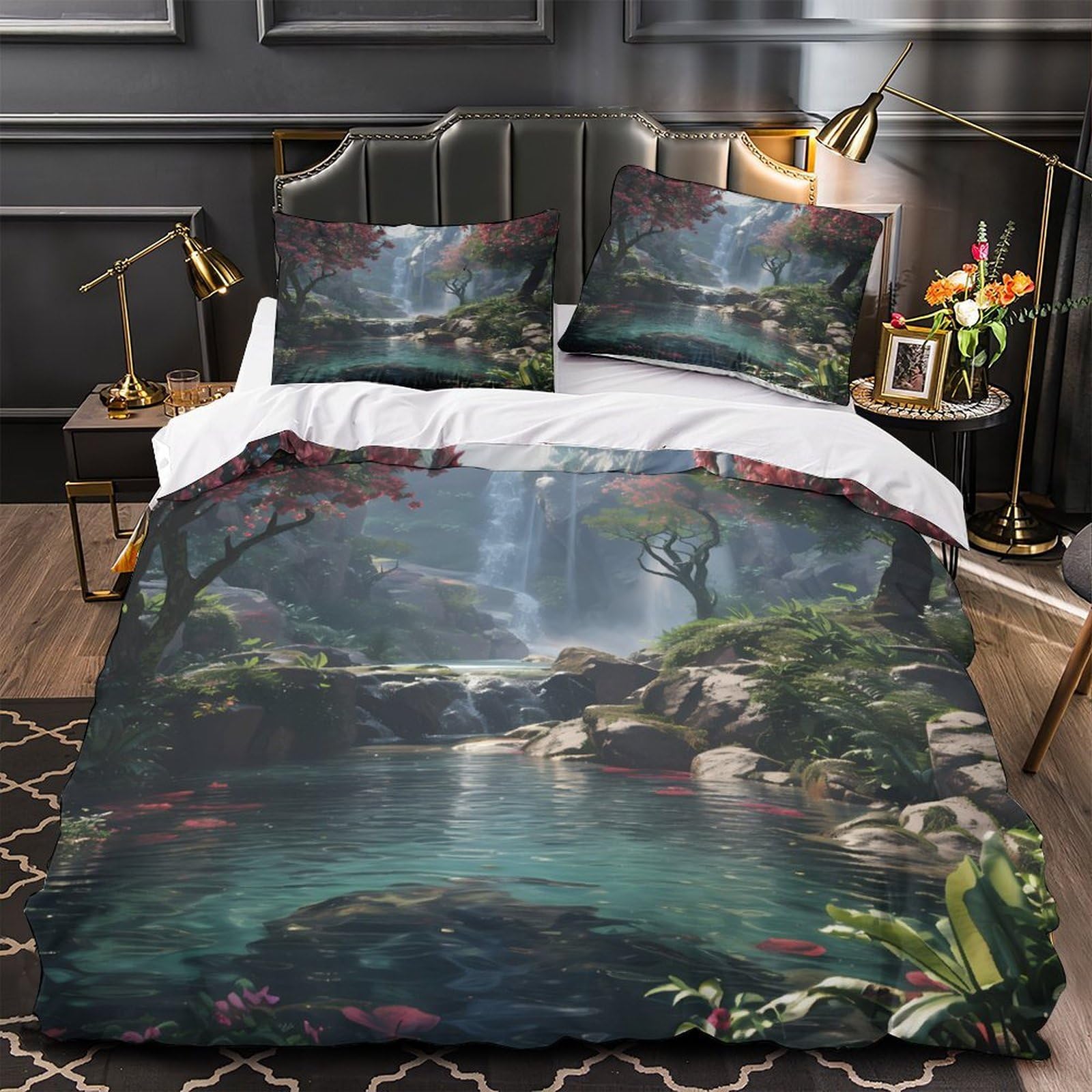 scena della cascata Impressione 3D 3 pz coperteletto natura fantasia arte fodera per edredone microfibra traspirante antiacari per bambini adolescenti adulti Super king（260x220cm）