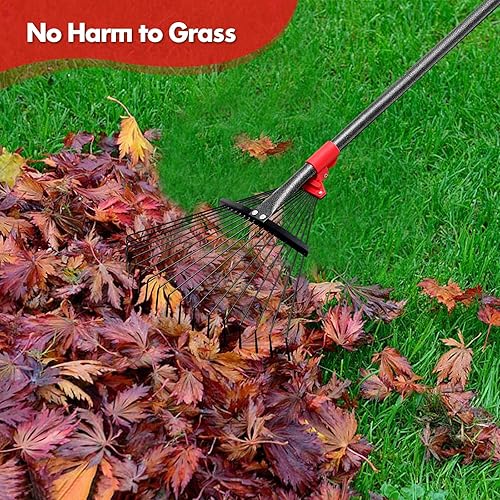 Miniatura 5 de Rastrillo de 61 pulgadas para hojas con 18 dientes de metal de 10 a 18 pulgadas, rastrillo de cabeza expandible con mango ajustable para césped,