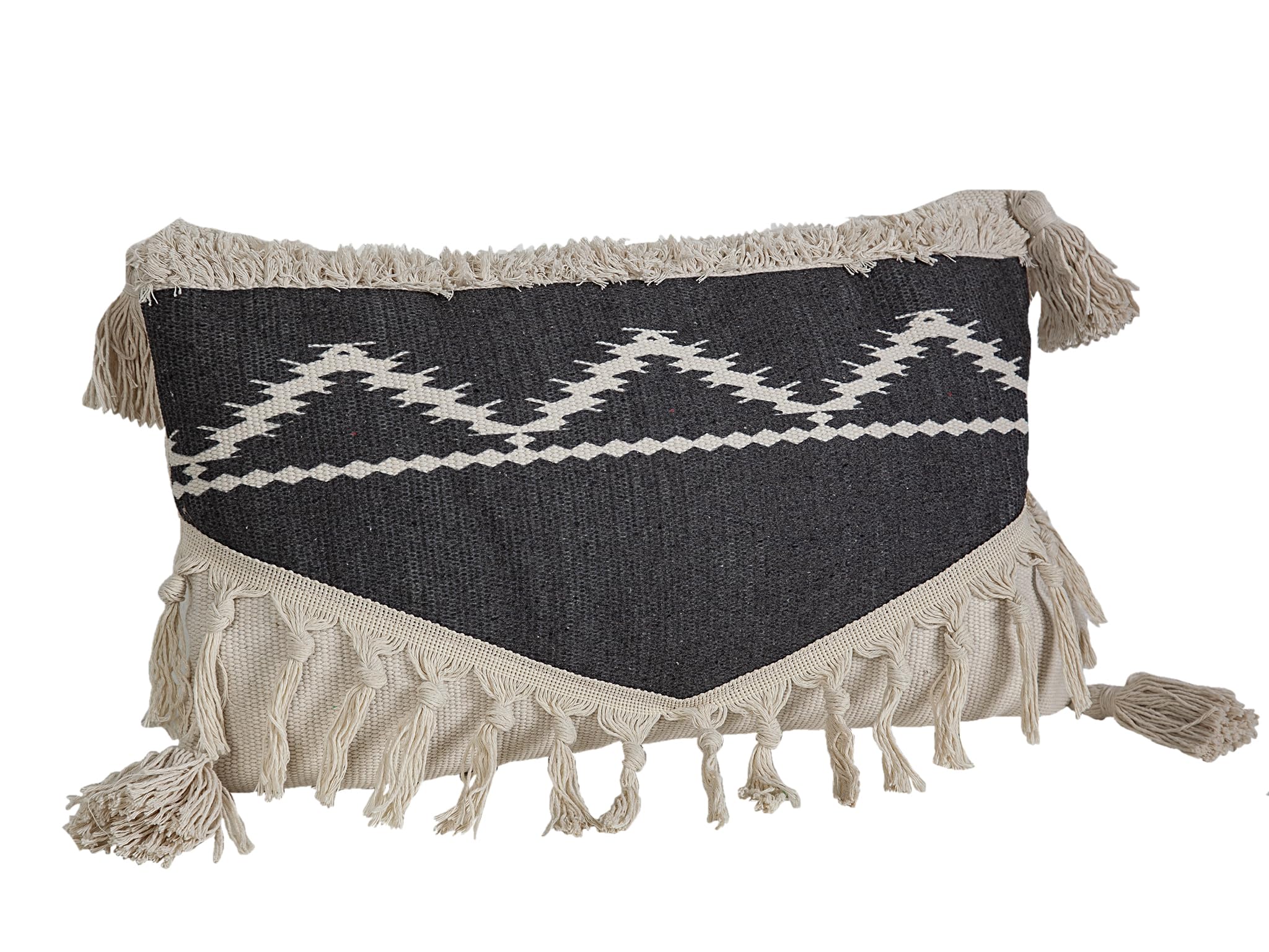 Coussin crème et noir en polyester à franges pour canapé et fauteuil