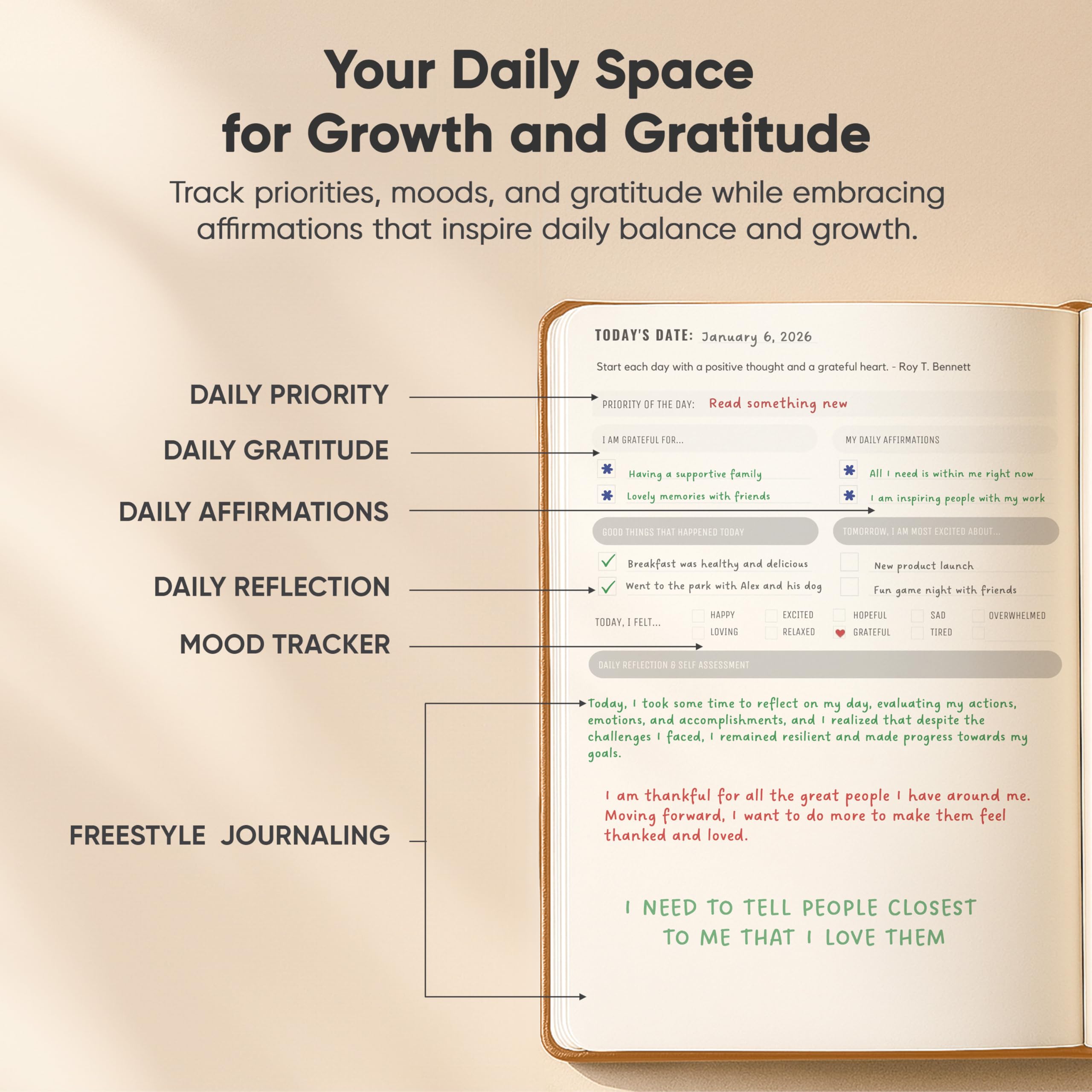 Diario para hombres y mujeres – Diario de gratitud, diario de salud mental y cuidado personal para mujeres y hombres – A5 – cuero – Productivity Store