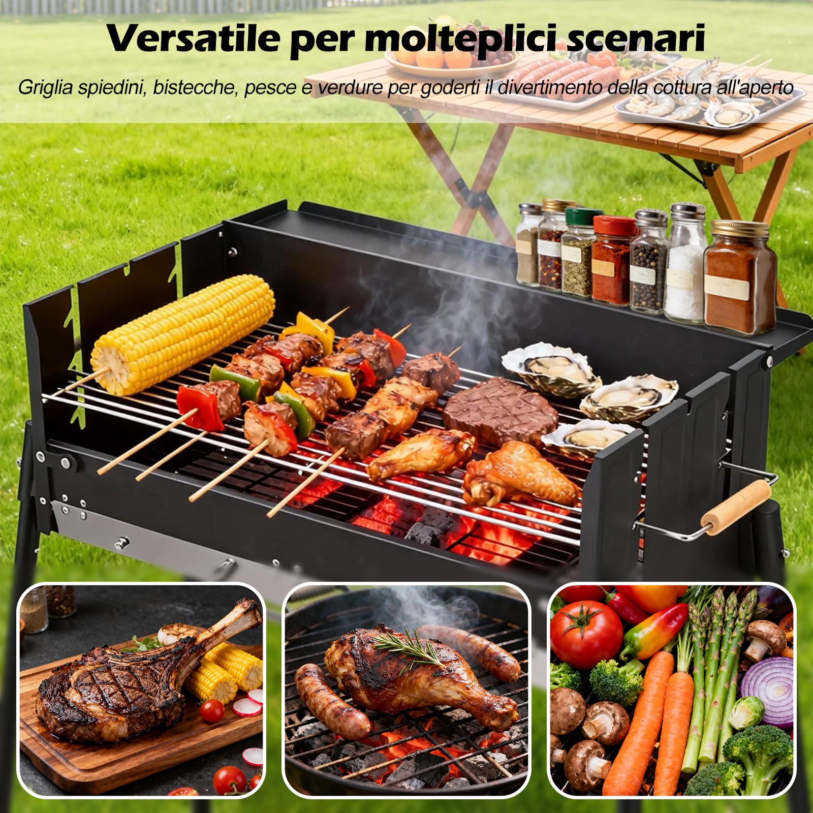 Ergocar Barbecue a Carbonella Pieghevole Che Struttura In Acciaio Inossidabile Rinforzato Della Temperatura a Tre Livelli e Vassoio Per Condimenti Integrato Ideale Per Gruppi Di Cinque o Più Persone