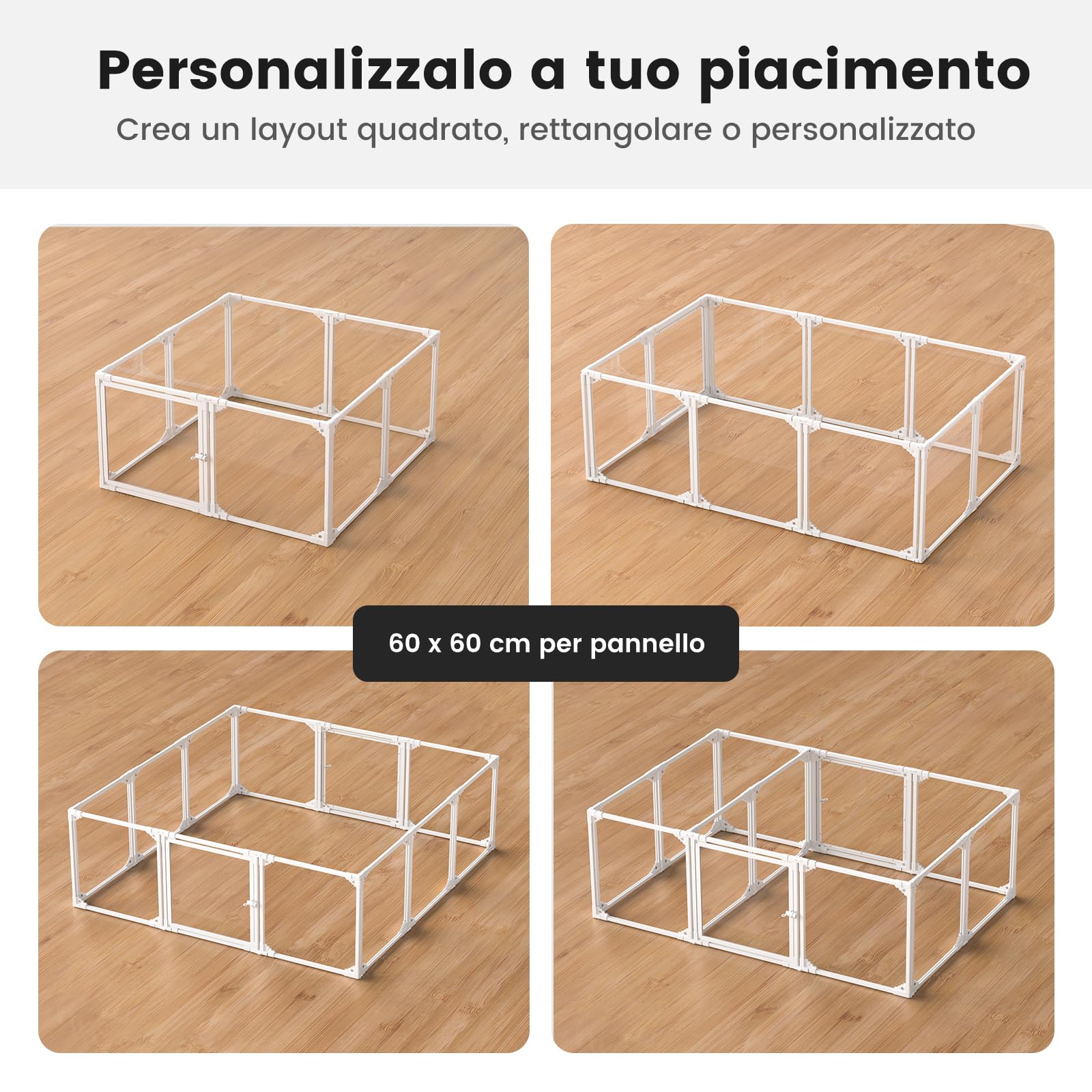 Gardner Pet Recinto per Cani Trasparente, 10 Pannelli, 60 cm, Bianco | Recinto da interno in metallo con pannelli PET, chiusura a scatto e ventose, 9 pannelli + 1 porta, per piccoli animali