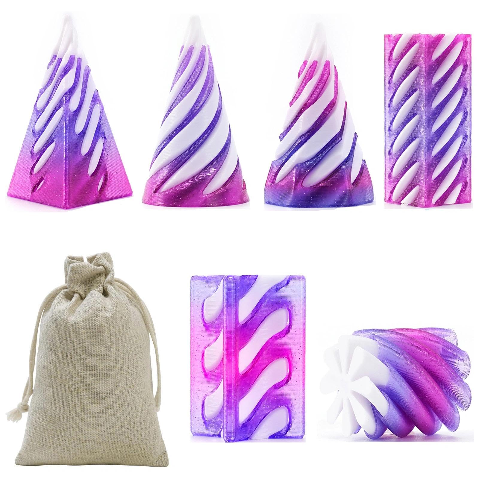 3D Printed Spiral Fidget Cone, 6PCS 3D Printed Impossible Cone Set with 1PC Cotton Muslin Bag for Storage, Mini Stress Relief Decoration for Adult Gift & Home Use (Purple) — image 1
