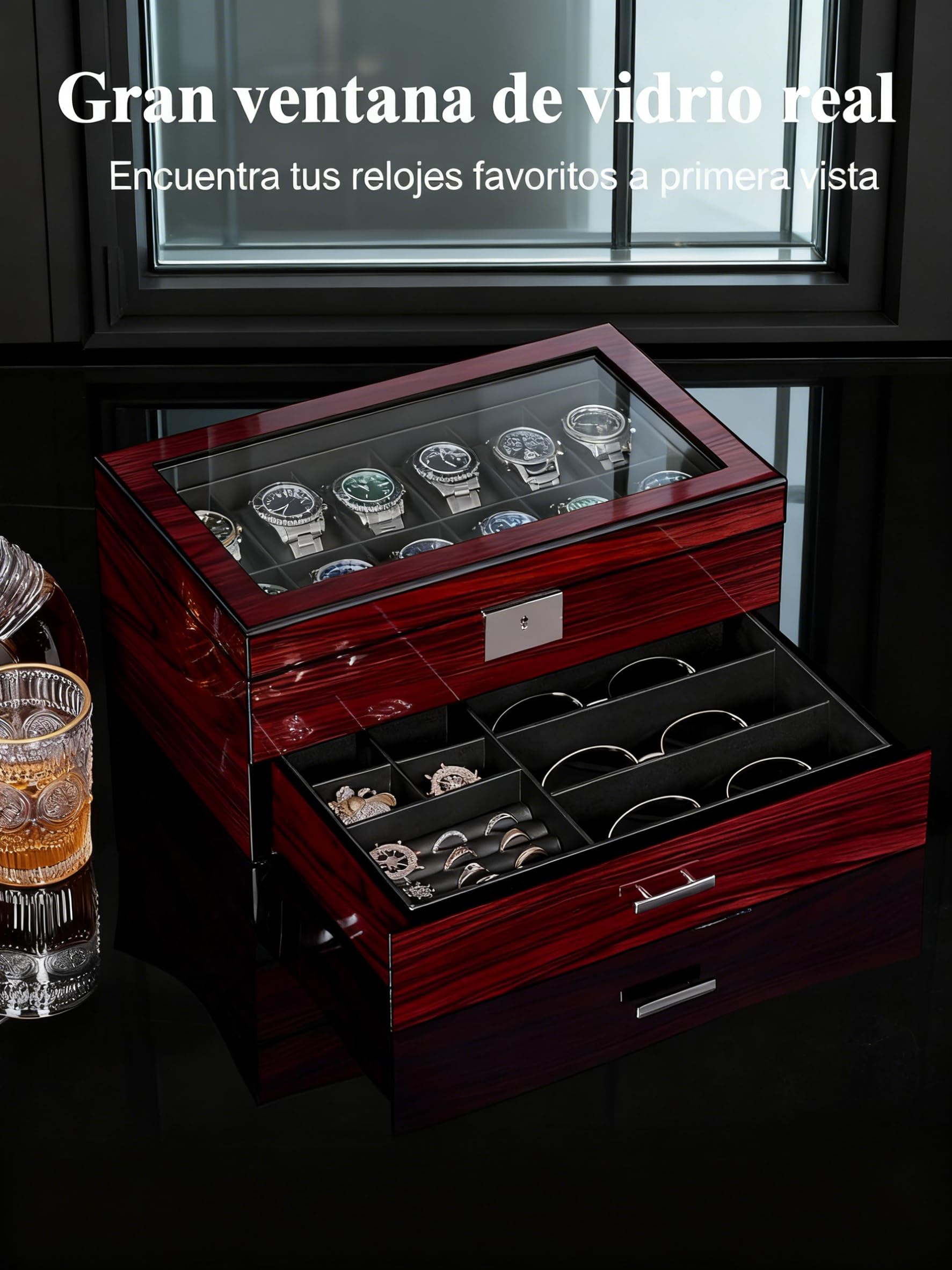 ANWBROAD Caja de reloj de 12 ranuras para hombre con tapa de cristal grande, 2 niveles, organizador de relojes con cerradura, organizador de relojes de lujo para regalo JWB003Y