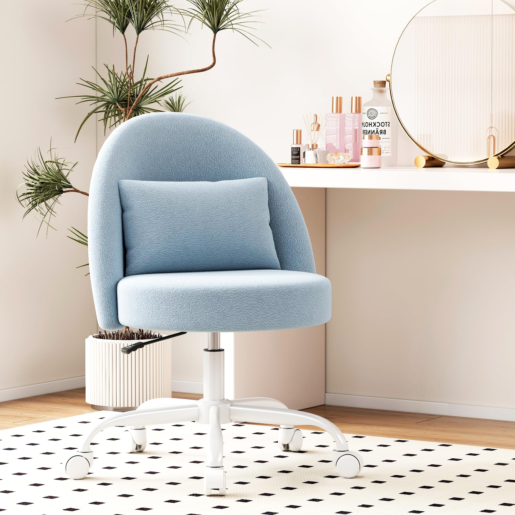 Misolant Vanity Chair with Back, Armless Cute Office Chair with Wheels for Girls, Teddy Fleece Fabric Small Desk Chairs with Adjustable Height, Lumbar Support Pillow, 360°Swivel for Makeup Room, Blue
