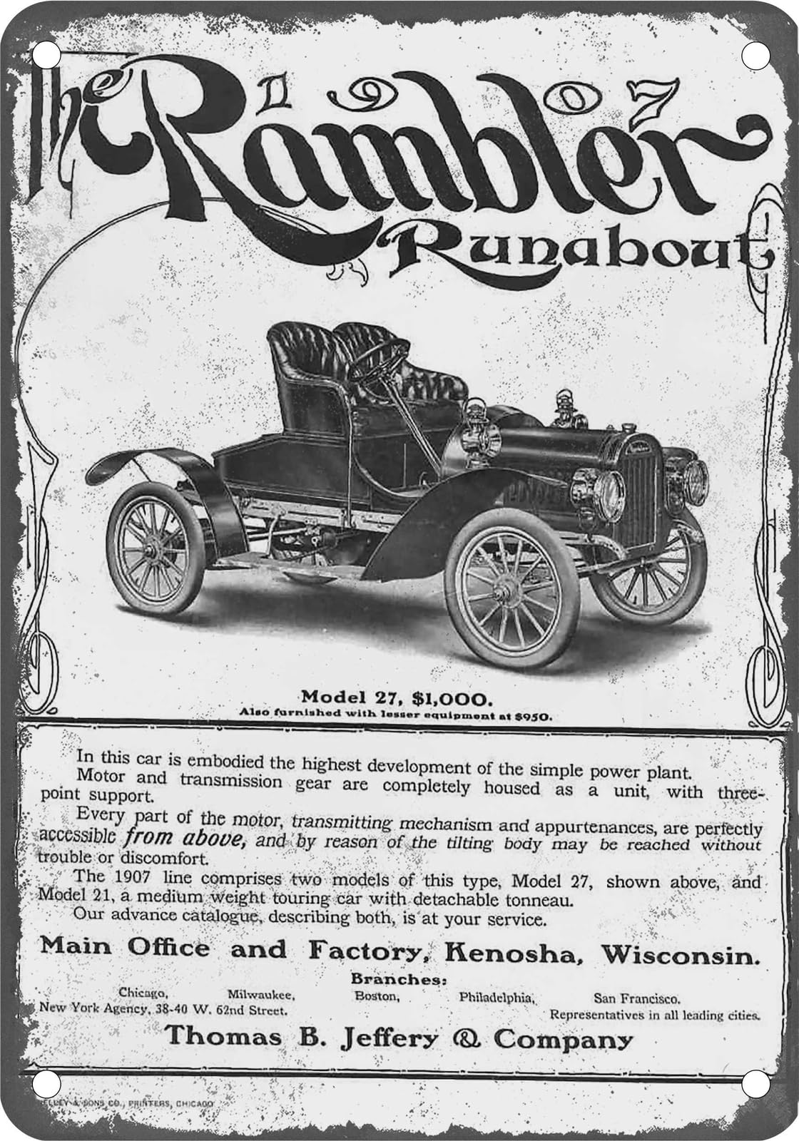 METAL SIGN - 1907 Rambler Vintage Ad 01 - Old Retro Rusty Look home decor