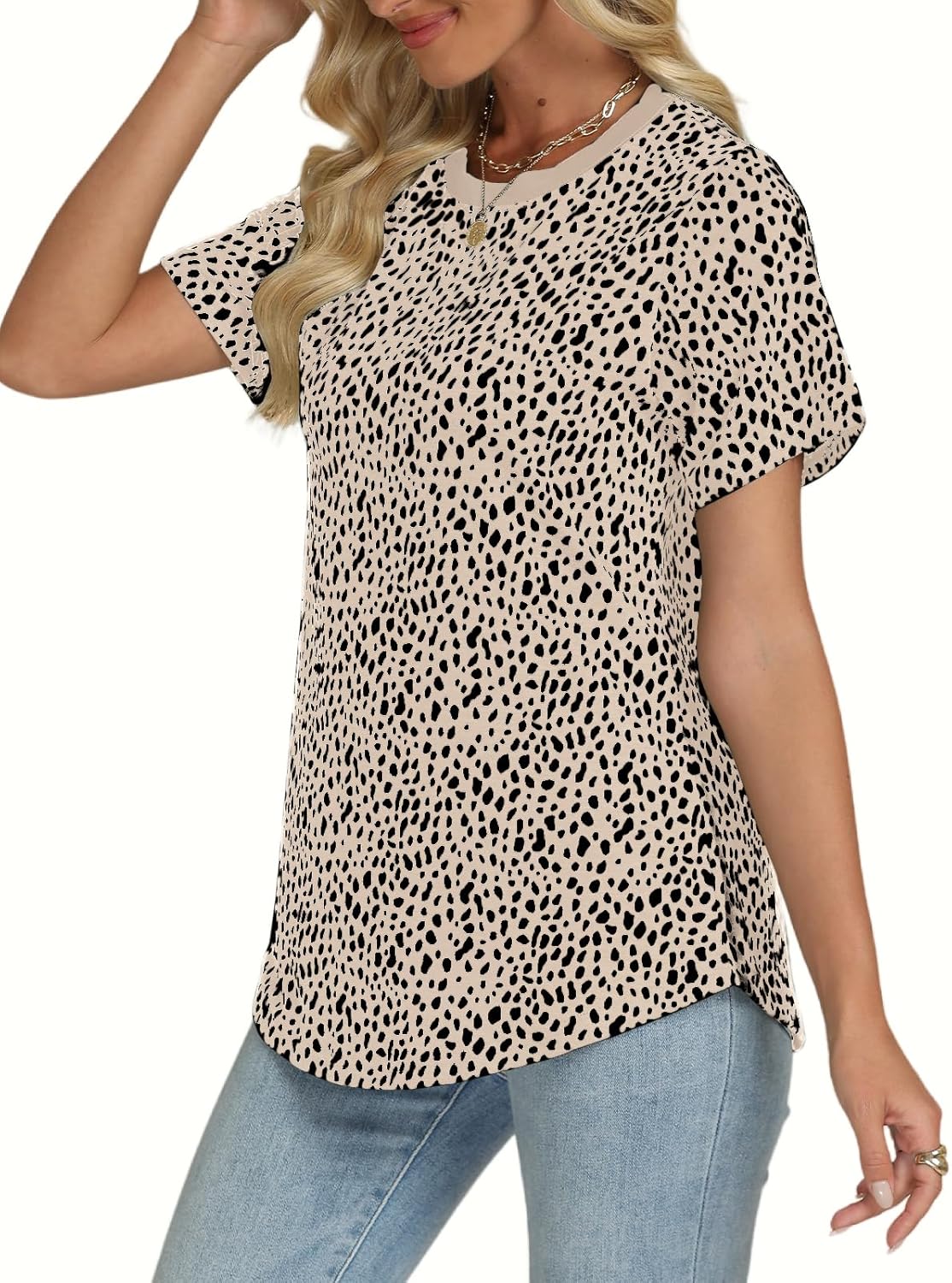 Women's Dressy Short Sleeve Shirts Summer Casual Leopard Printed Tops Fashion Crewneck Tees - Image 2