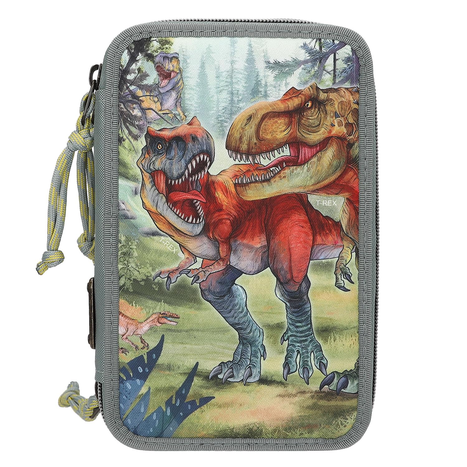 Depesche Dino World Bite - Filled 3-Compartment Pencil Case in Green, with Dino Motif and Forest, Pencil Case with Coloured Pencils, Ruler, Scissors and More