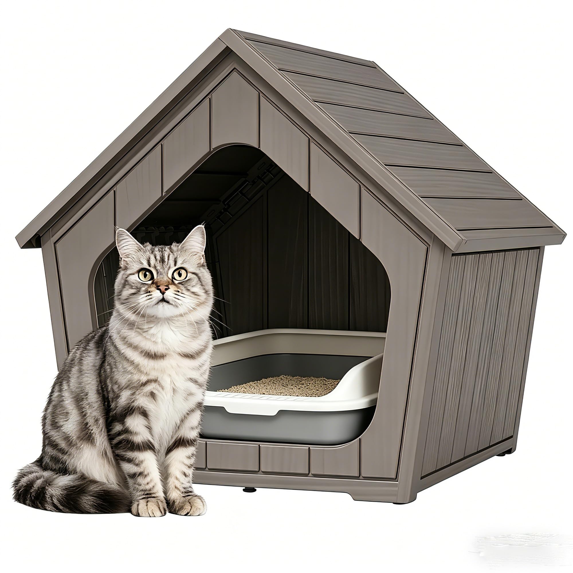 Cat Litter Box Enclosure Furniture, Hidden Litter Box with Air Holes, Cat Houses for Outdoor Cats, Wide Opening Design for Easy Cleaning, Grey