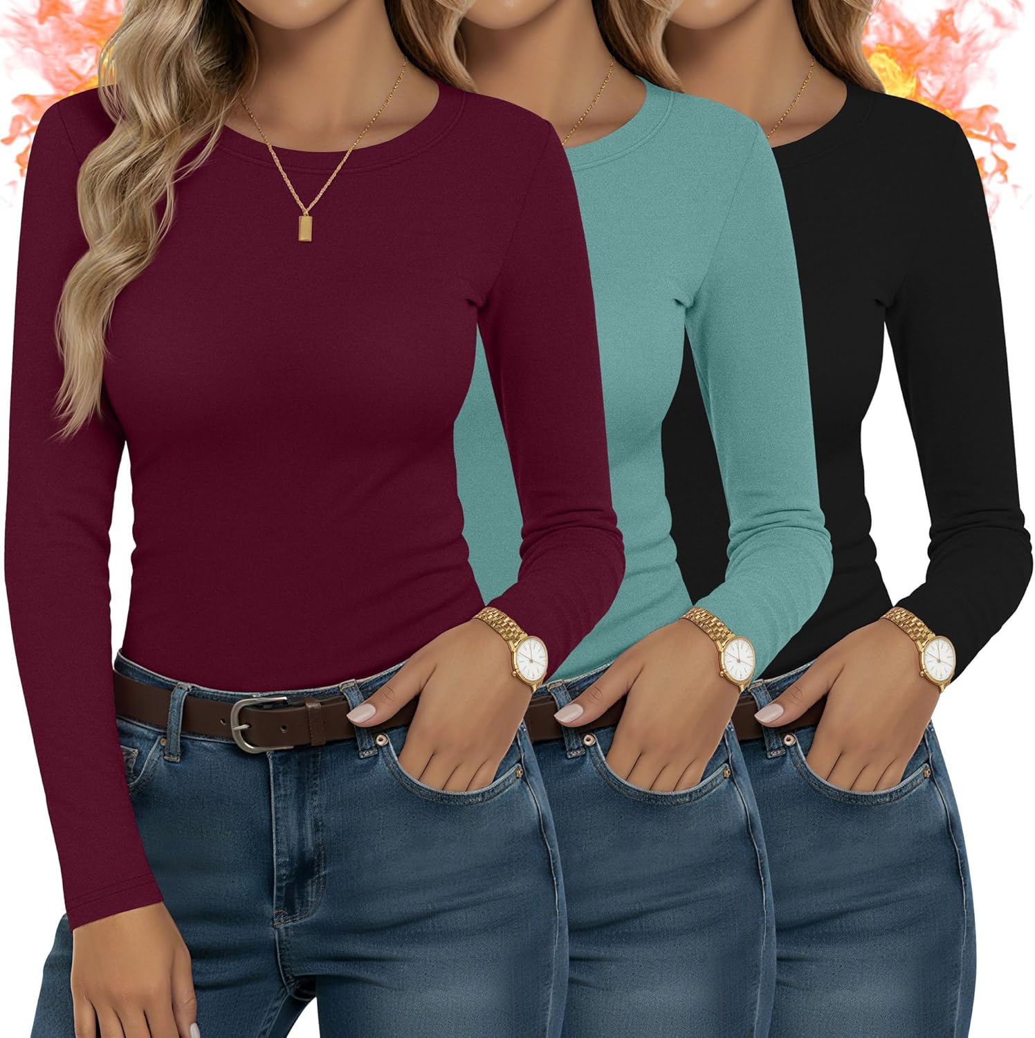 3 Pack Women's Long Sleeve Thermal Shirts, Fleece Lined Crew Neck Undershirts Soft ...