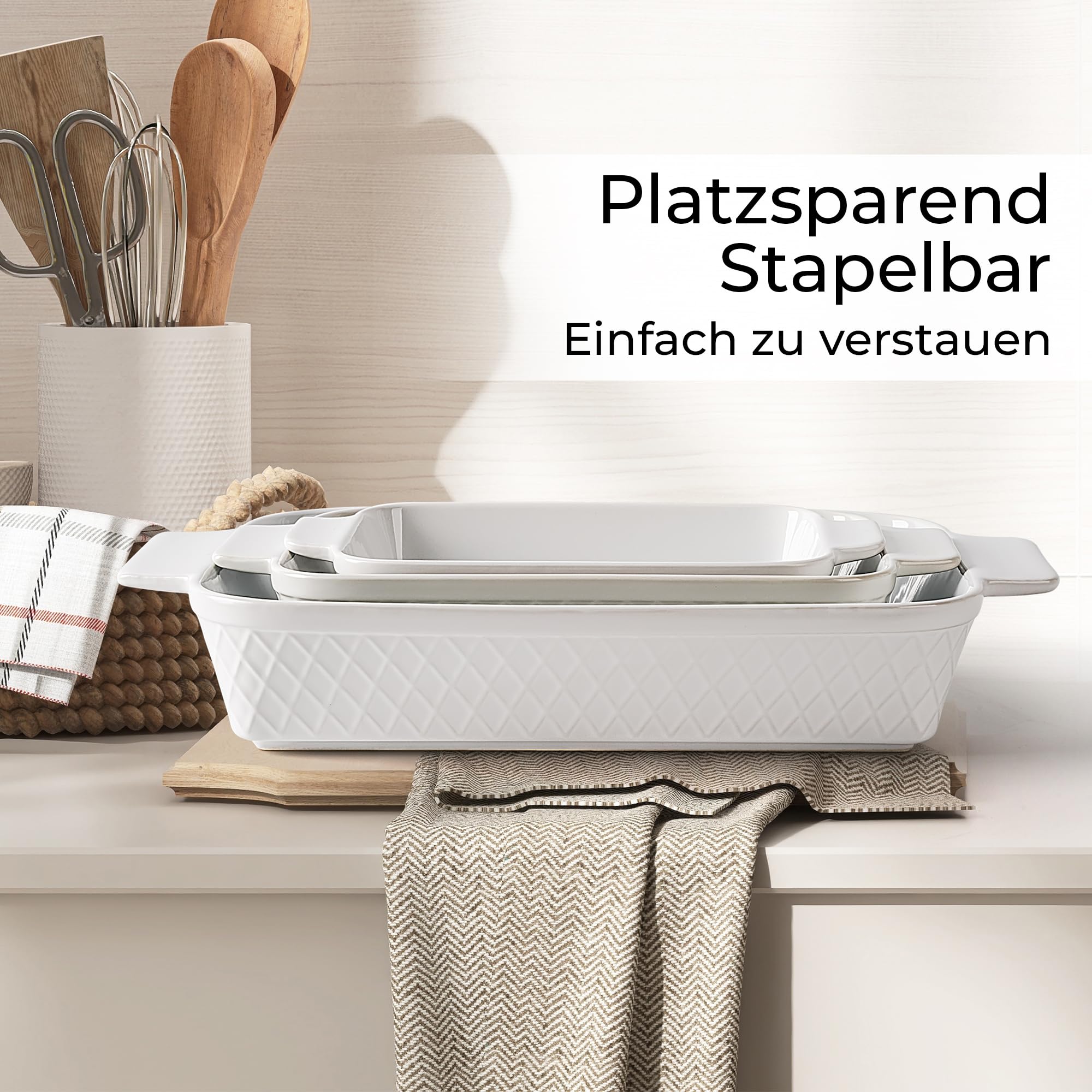 MIAMIO - Auflaufform Keramik, 3er Auflaufform Set - Palmanova (Weiß) | Auflaufformen-Set 3-teilig/Rechteckige Backform aus Keramik, stapelbares 3-teiliges Backformenset - spülmaschinen- & ofenfest