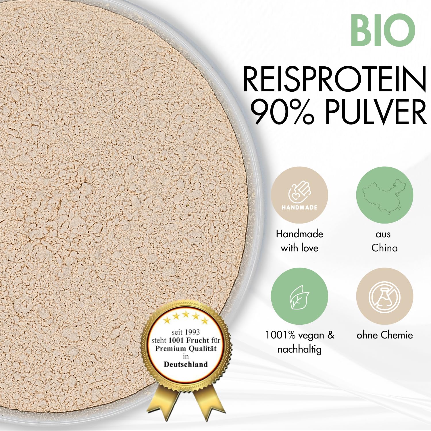 1001 Frucht Bio Reisprotein Pulver 90% - Reisproteinpulver Bio - Reisprotein Pulver - 300g Proteinpulver