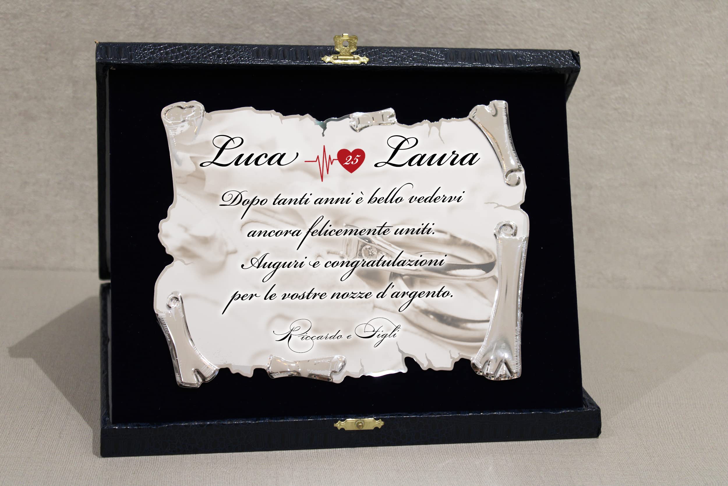 Generico Targa 25esimo Anniversario Venticinquesimo Pergamena Con Cofanetto Celebrativa Personalizzata In Alluminio Argento 20x15 Cm