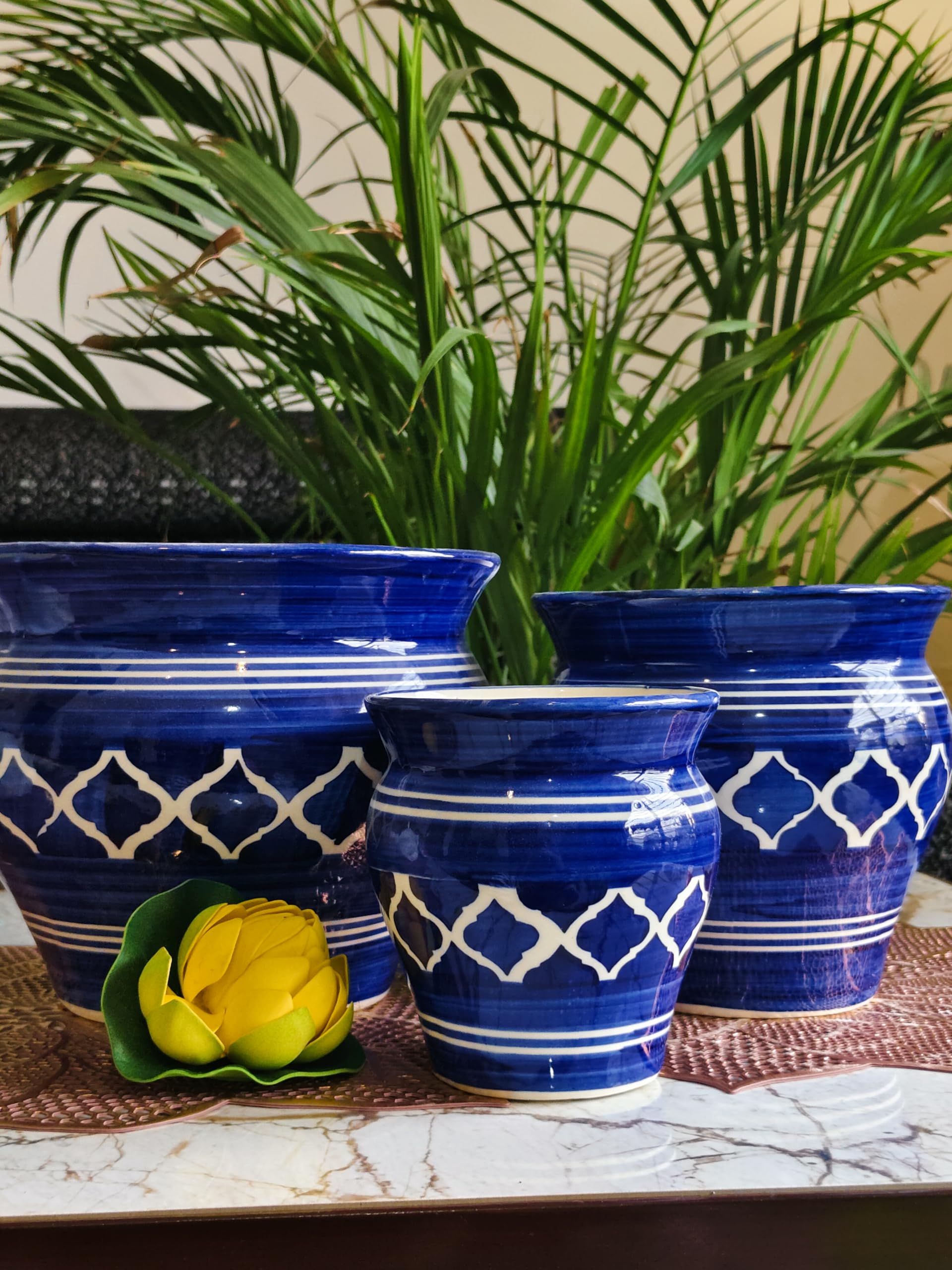 Niyara Stylish Ceramic Pots Planters for Indoor Plants,Succulent,Outdoor,Balcony,Home,Garden,Office (Set of 3) Size -Large 9 inches 7 inches & 5 inches (Moroccan Blue)