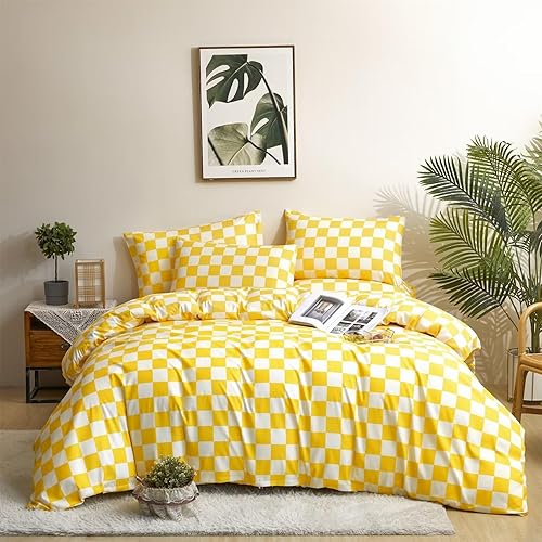 Cottonight Juego de edredón amarillo tamaño Queen, juego de ropa de cama a cuadros con patrón de cuadros amarillo brillante y blanco, edredón suave