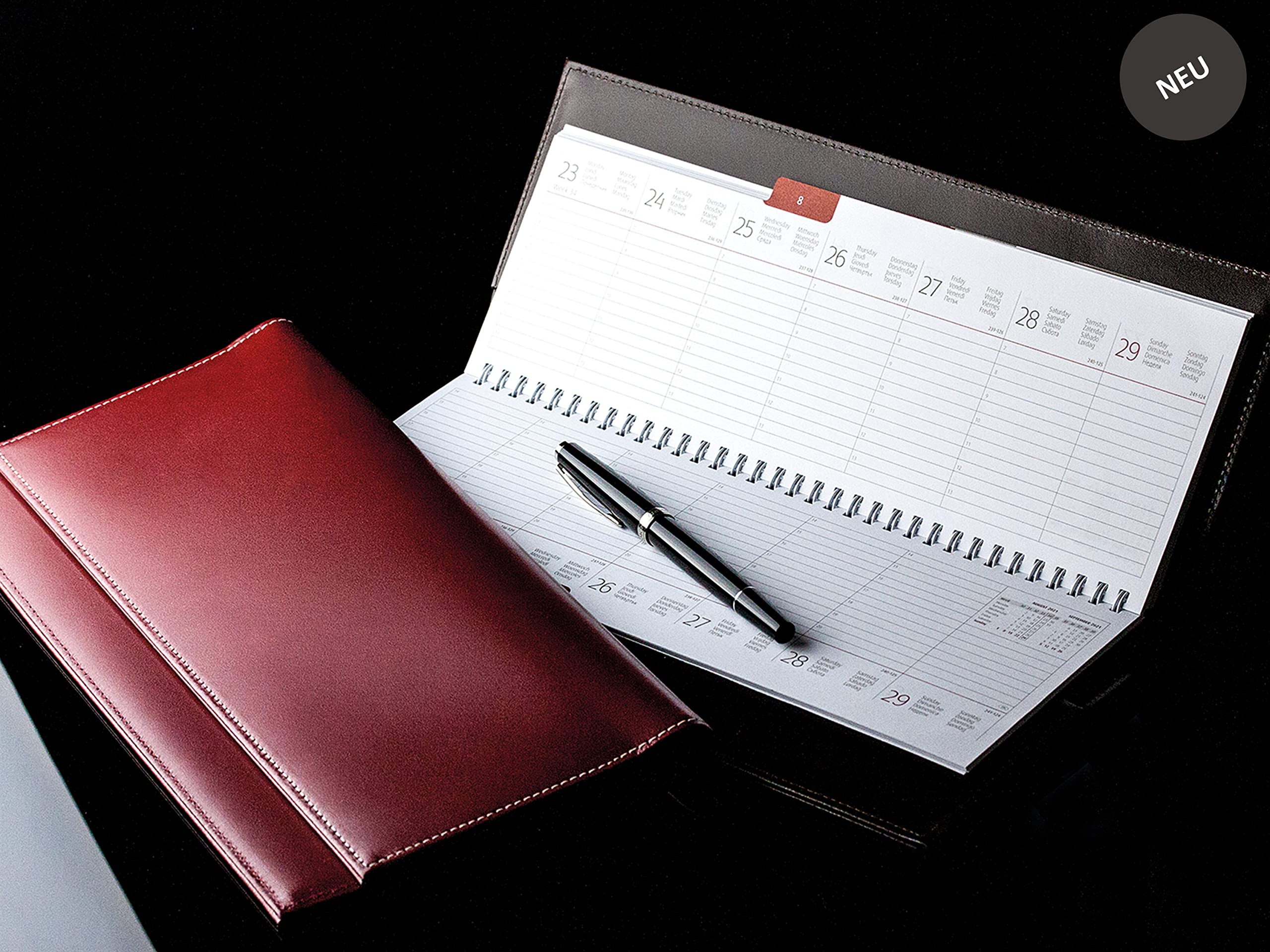 DELMON VARONE - Tischquerkalender 2027 Cambridge Top Grain Leder Rot - Tischkalender Quer 1 Woche auf 2 Seiten - Echtleder Wochenplaner Kalender - Büro & Schreibtisch Wochenkalender Organizer
