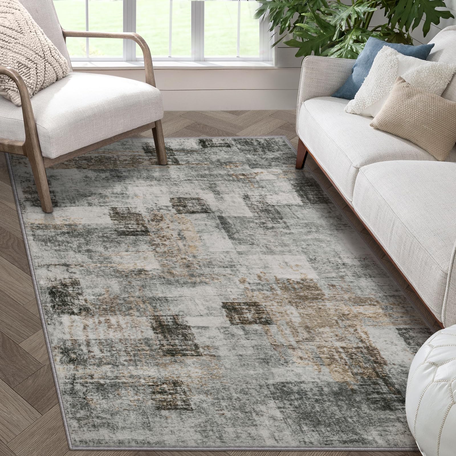 Area Rug Living Room Rugs: 3x5 Soft Modern Abstract Fluffy Rug with Non-Slip Backing, Washable Indoor Plush Throw Rug Small Accent Carpet for Bedroom Dining Room Nursery Home Office - Gray