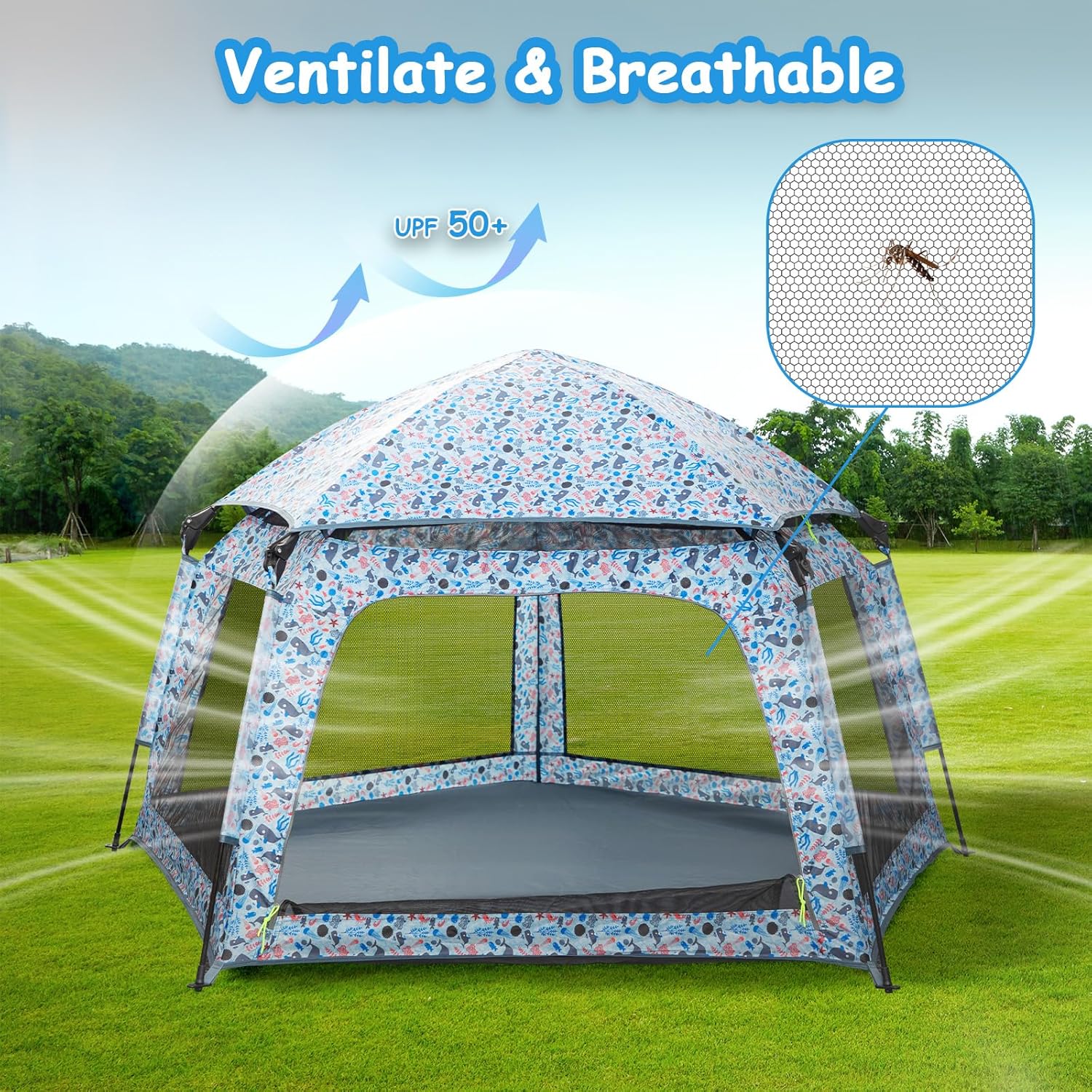 Baby Playpen Pop-up Tent - Outdoor & Indoor Play Tent for Beach with Canopy Travel Bag Portable Play Yard for Babies & Toddlers (Ocean)