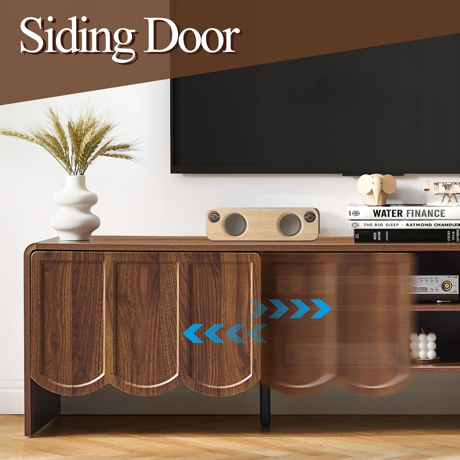 ORRD 63'' TV Stand, Modern TV Console Table Wave Panel Television Stands Entertainment Media Center with Storage Compartment and Sliding Door for Living Room (Walnut)