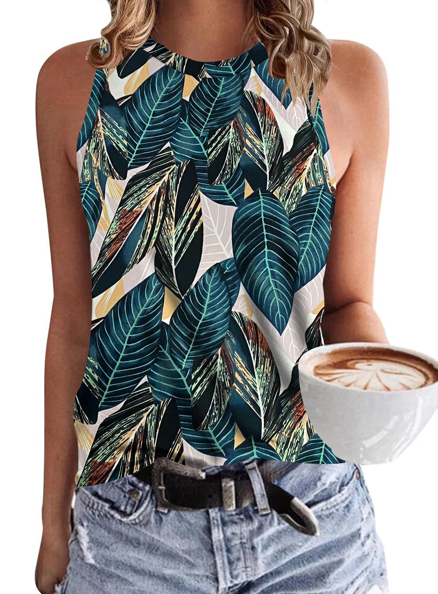 WNEEDU Damen Tank Top Ärmellos Oberteile Sommer Tanktops Rundhals Blusentop Vest Top Bluse Basic