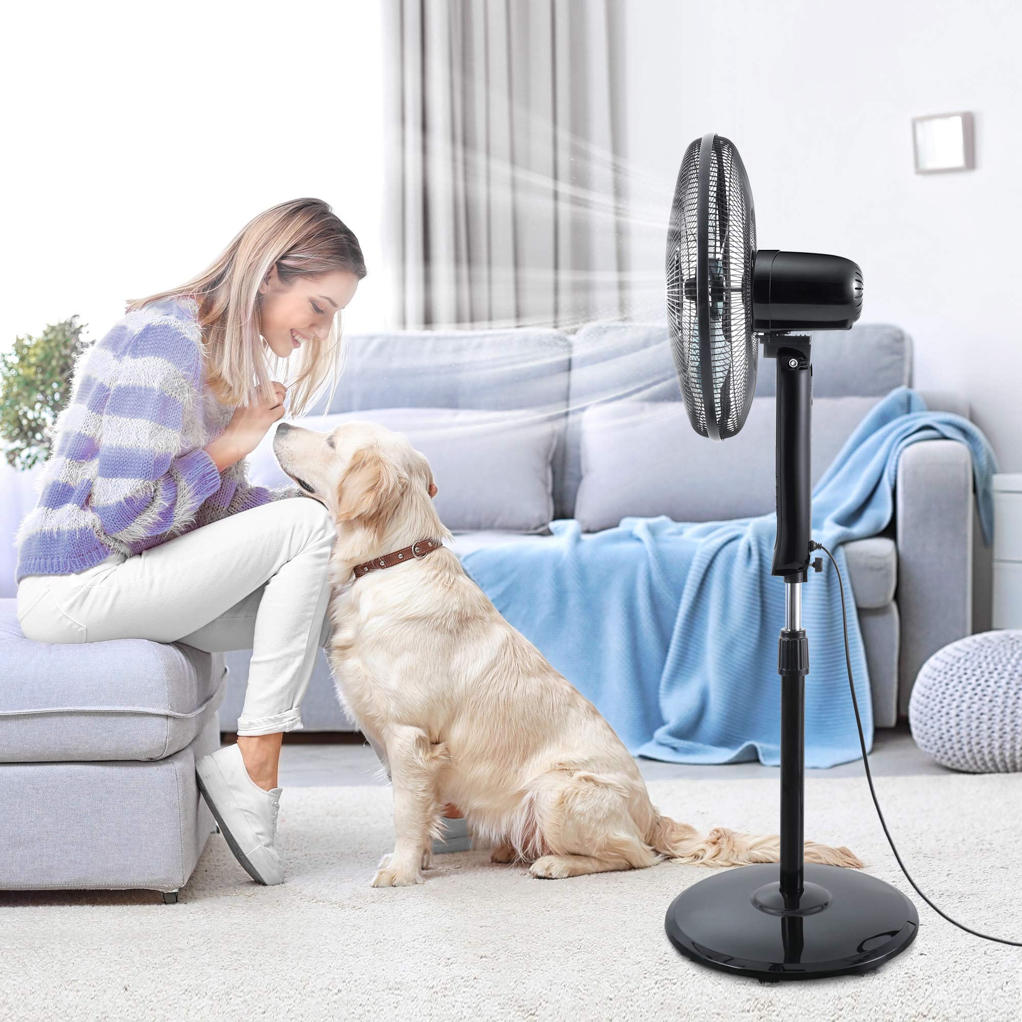 Midea FS40-15FR Ventilatore silenzioso con telecomando, 3 livelli di velocità, display LED, timer 7,5H, regolabile in altezza, funzione di oscillazione a 80°, 55 W, più potente, ventilatore