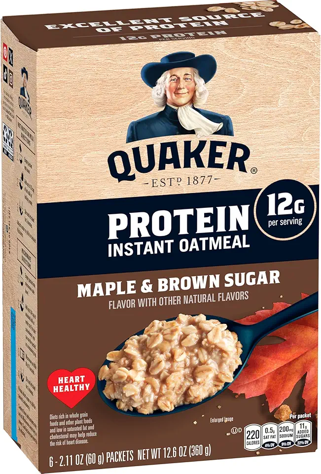 Quaker Protein Instant Oatmeal, Maple Brown Sugar, 12g Protein per Serving, Whole Grains, No Artificial Flavors, No Added Colors, 2.11 oz Packets, (6 Pack)