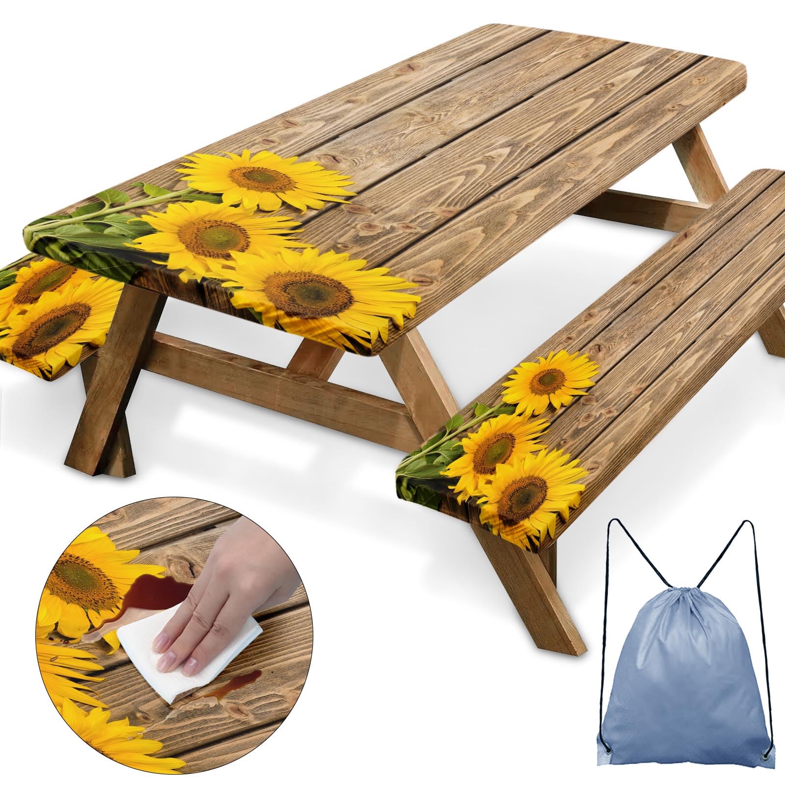 Sunflower Wooden Picnic Table Cover with Bench Covers, Rustic Summer Floral Farmhouse Outdoor Camping Essentials 6FT 3PCS Fitted Rectangle RV Must Haves Tablecloth with Drawstring Bag
