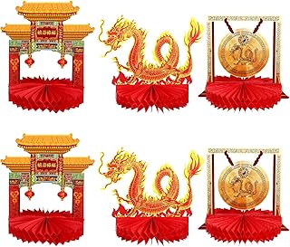 Sumind 6 Pcs Chinese New Year Decorations 2026 Lunar New Year Honeycomb Centerpiece for Table Decorations Red and Gold Dragon Gong Architecture Centerpieces for Spring Festival