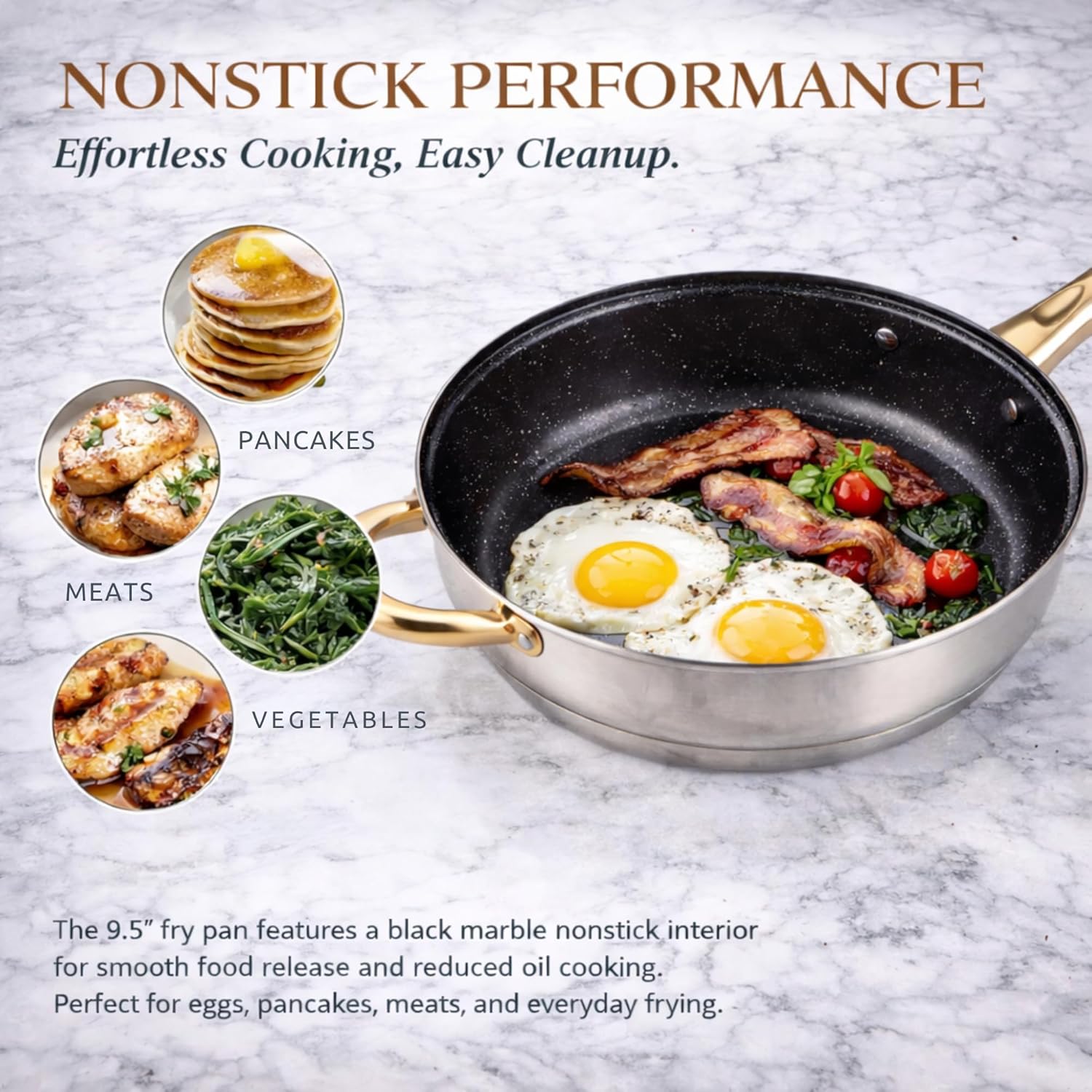 Alpine Cuisine 12-Piece Stainless Steel Cookware Set with Blue Glass Lids & Gold Handles – Nonstick Fry Pan, Stock Pot & Sauce Pots – Induction Compatible, Mirror Polish Kitchen Cooking Set