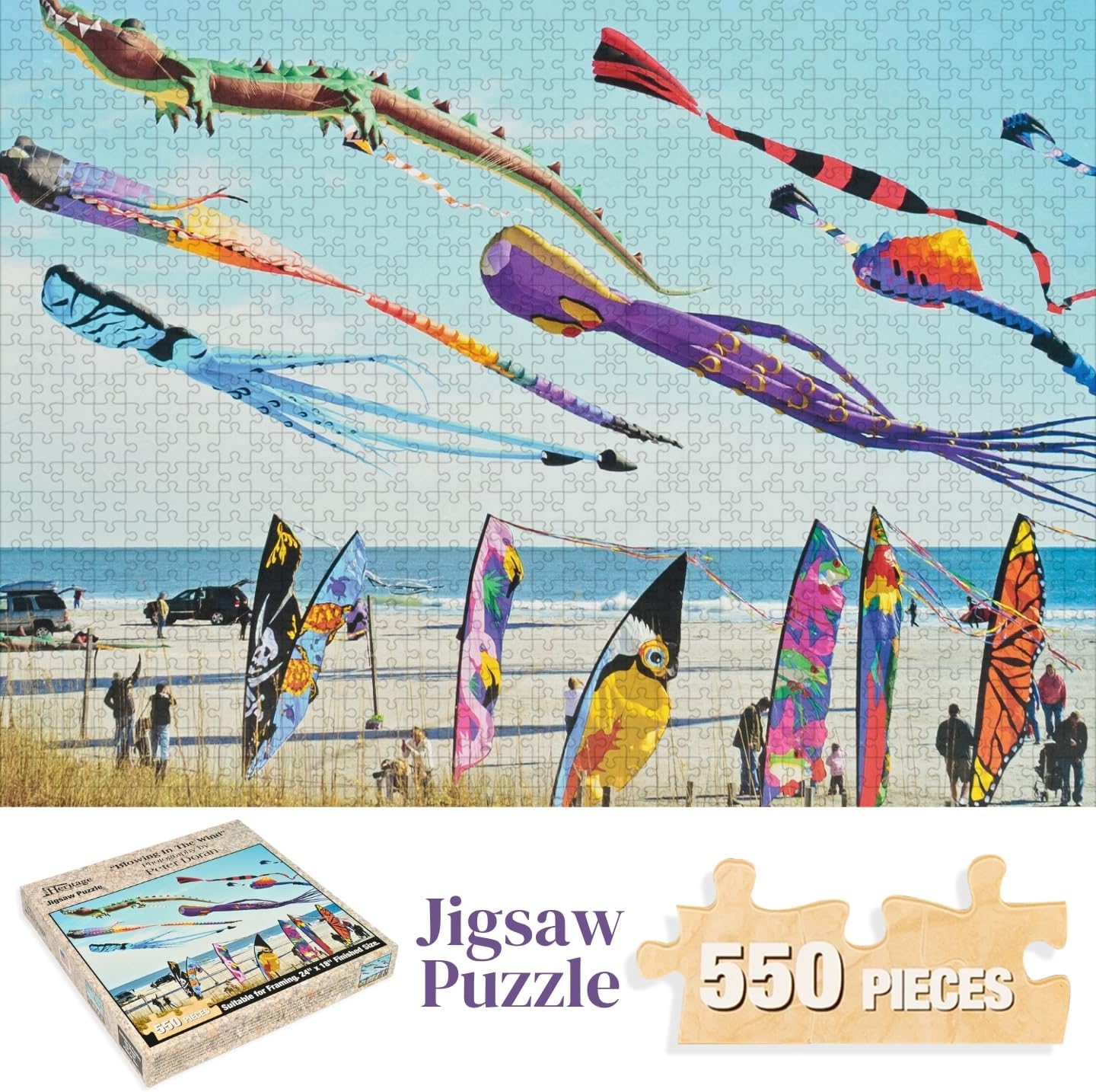 Heritage Puzzle - Blowing in the Wind by Peter Doran 550 Piece Puzzles for Adults - Scenic Coastal Beach Scene Featuring Colorful Kites - Frameable Jigsaw Puzzle 18" x 24" Finished Size