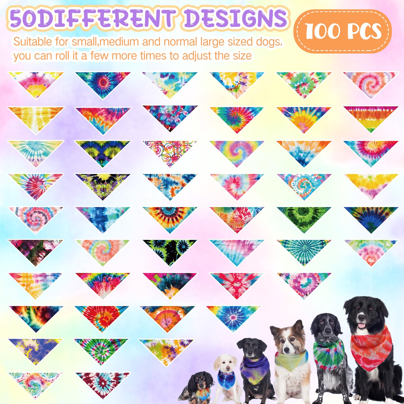 Sweetude Batik-Hundehalstücher, Dreieckstuch, waschbar, für Welpen, Halstuch, verstellbar, für kleine, mittelgroße und große Hunde, Katzen, Kostüm-Zubehör, 100 Stück