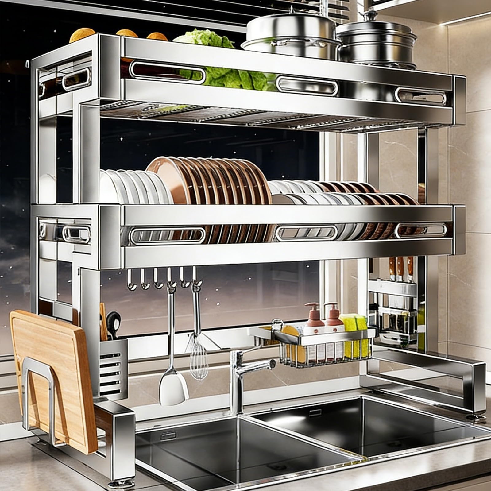 Escurridor de platos, organizador de almacenamiento de acero inoxidable para fregadero, estante de encimera de cocina que ahorra espacio para platos, vasos, cubiertos, 96 cm