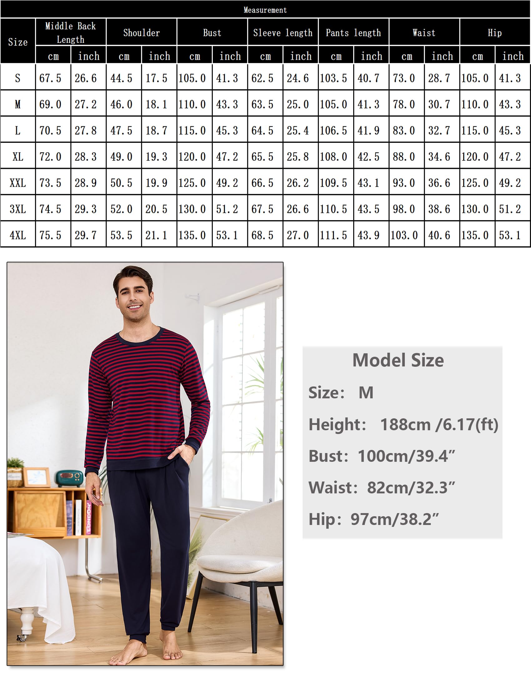Bresdk Pijama Hombre Invierno Algodon Manga Larga Conjunto de Pijama a Rayas Dos Piezas Pijamas Largos Cuello Redondo S-3XL