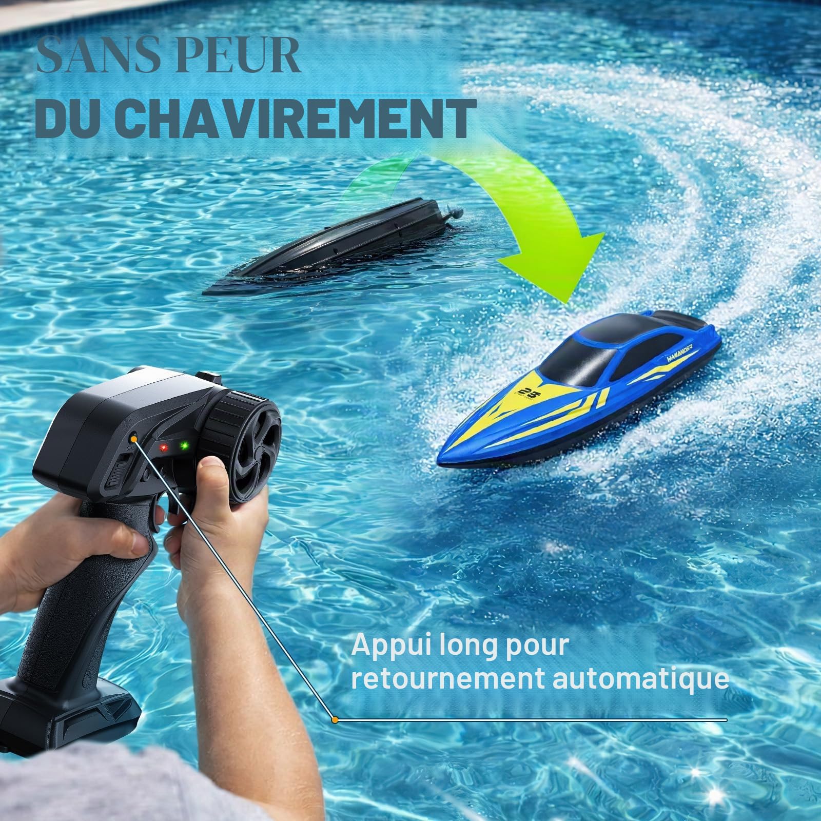 Bateau télécommandé RC avec LED 7 modes, vitesse 15km/h, télécommande 2.4GHz,alertes batterie faible et hors portée, 2 batteries, auto-redressement, cadeau garçons et filles, piscine et lac.—bleu