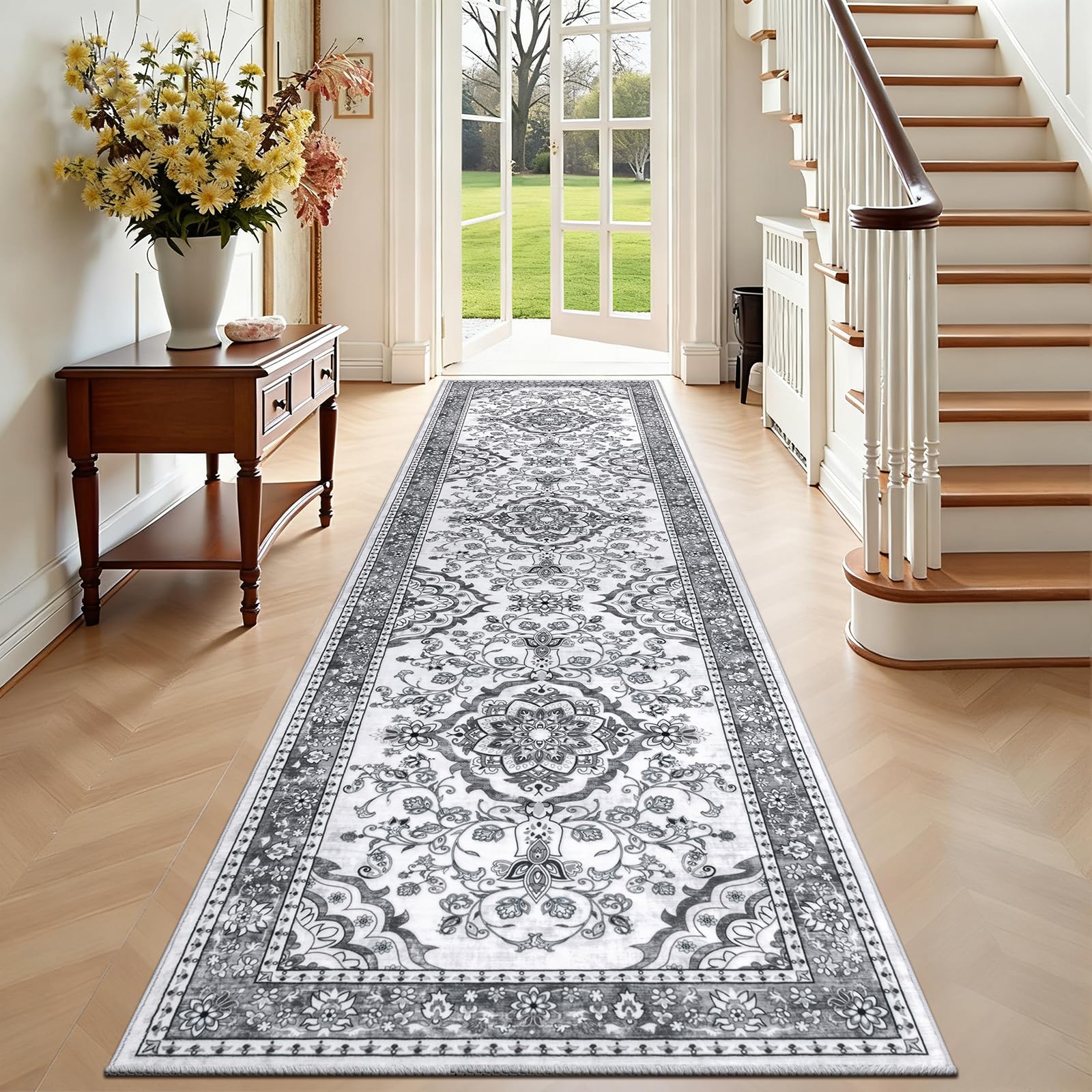Enyhom Teppich Läufer Flur 80 x 300cm Hochwertig rutschfest Läufer Küche Traditioneller Langer Teppichläufer Waschbar Retro Weich Schlafzimmer Läufer für Büro Korridor, Grau