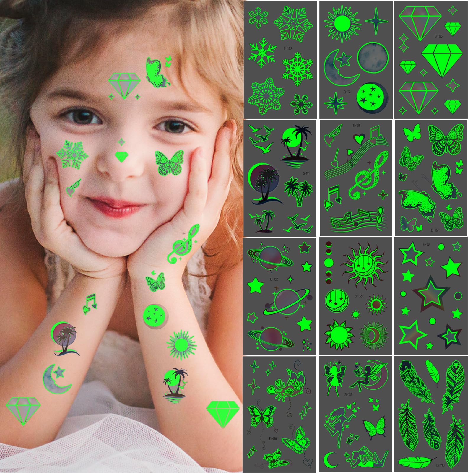 Tatuaje Niños,Tatuajes Luminosos Niños,Tatuaje Niños Skin Friendly,Tatuaje temporal para niños,12 hojas Tatuaje para niños Mitgebsel Cumpleaños de los niños para niñas Niños