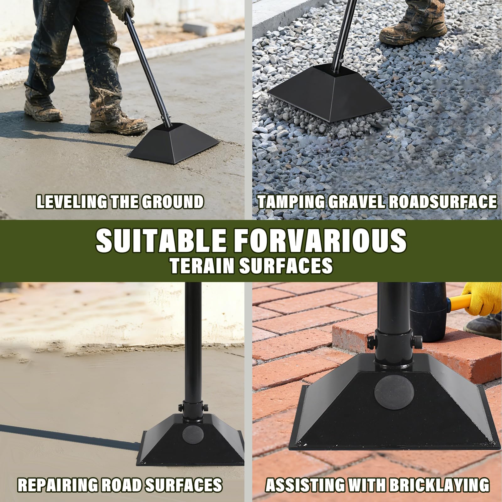 Tamper en acier avec poignée en acier réglable de 85 cm, poignée en caoutchouc et base remplissable de 20,3 x 20,3 cm, pilon robuste pour tamper le sol, le gravier, la réparation de pavés
